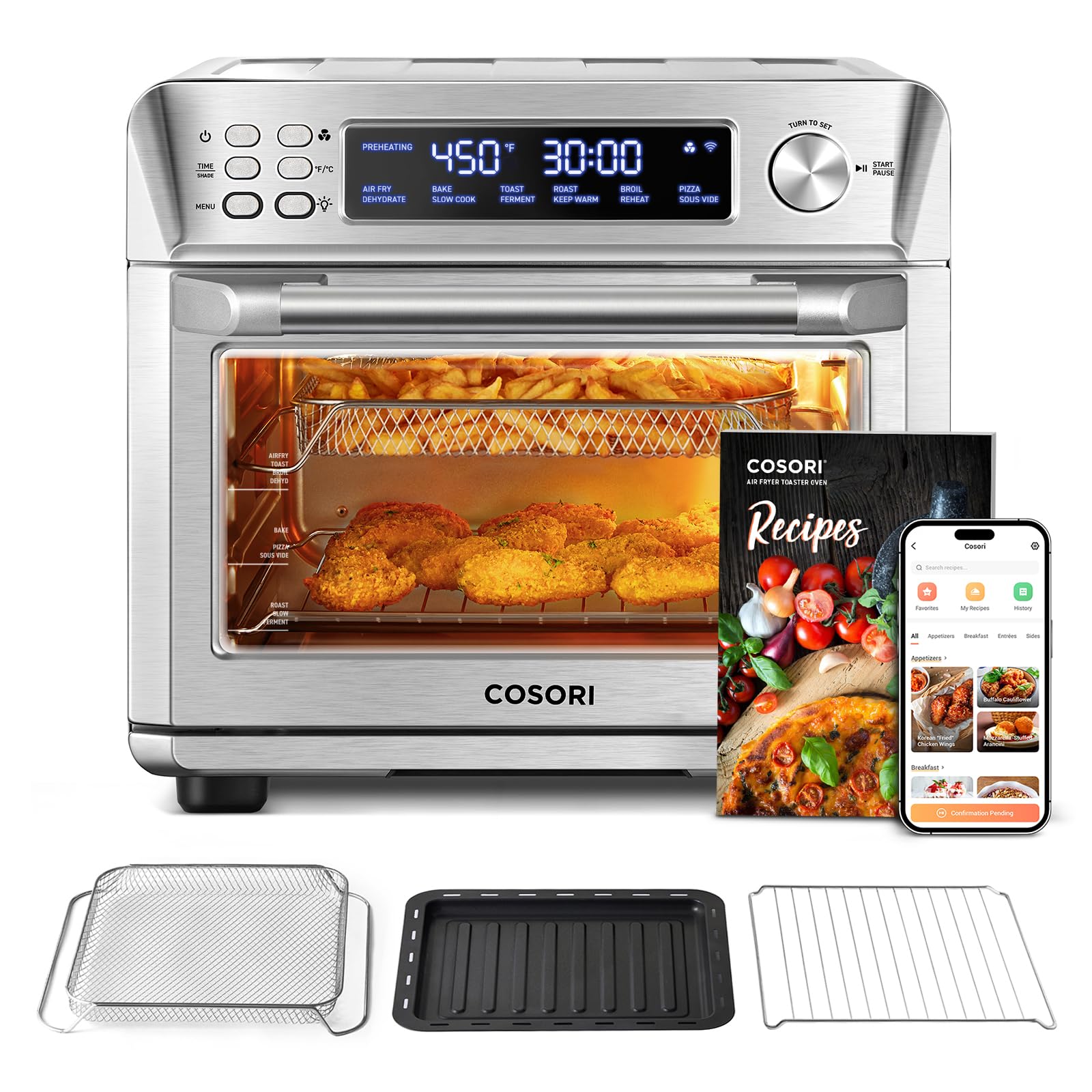 COSORI 26QT Smart Air Fryer Toaster Oven Combo - 12-in-1 Countertop Convection Oven with Sous Vide, Bake, Roast, Broil, Dehydrate & Reheat Functions - Includes 94 Recipes & 3 Accessories - Stainless Steel Silver - Perfect for Small Kitchens, Healthy Cooking & Meal Prep