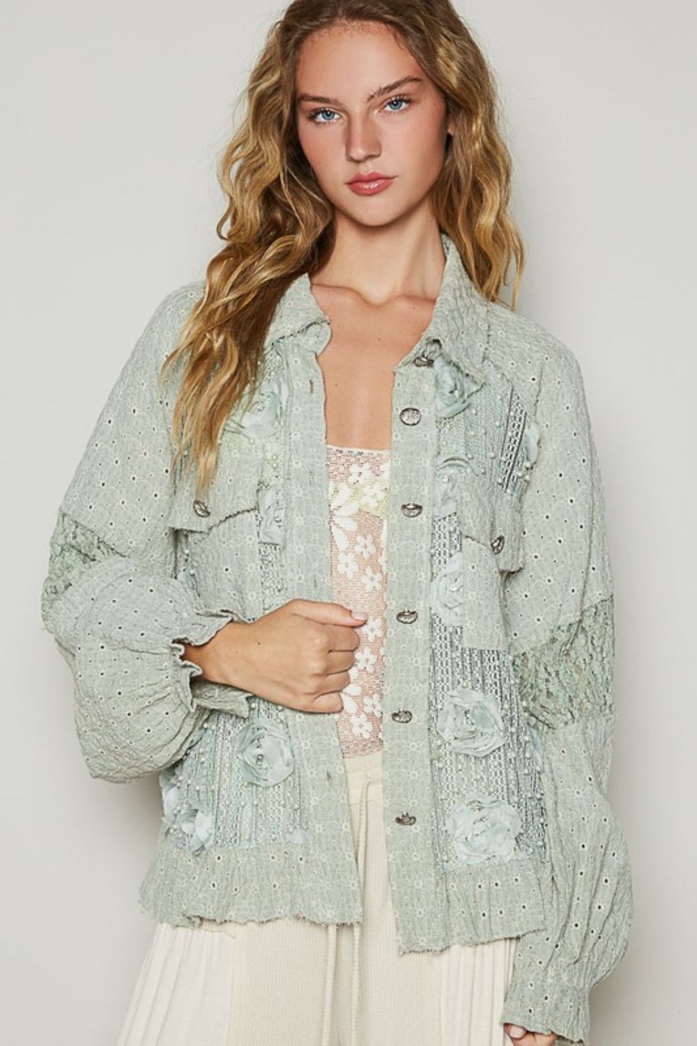 Sage Pearl Boho Lace Patchwork Shirt for Women - Stylish Beach Cover Up, Summer Vacation Outfit, Casual Boho Chic Top for Festivals & Travel