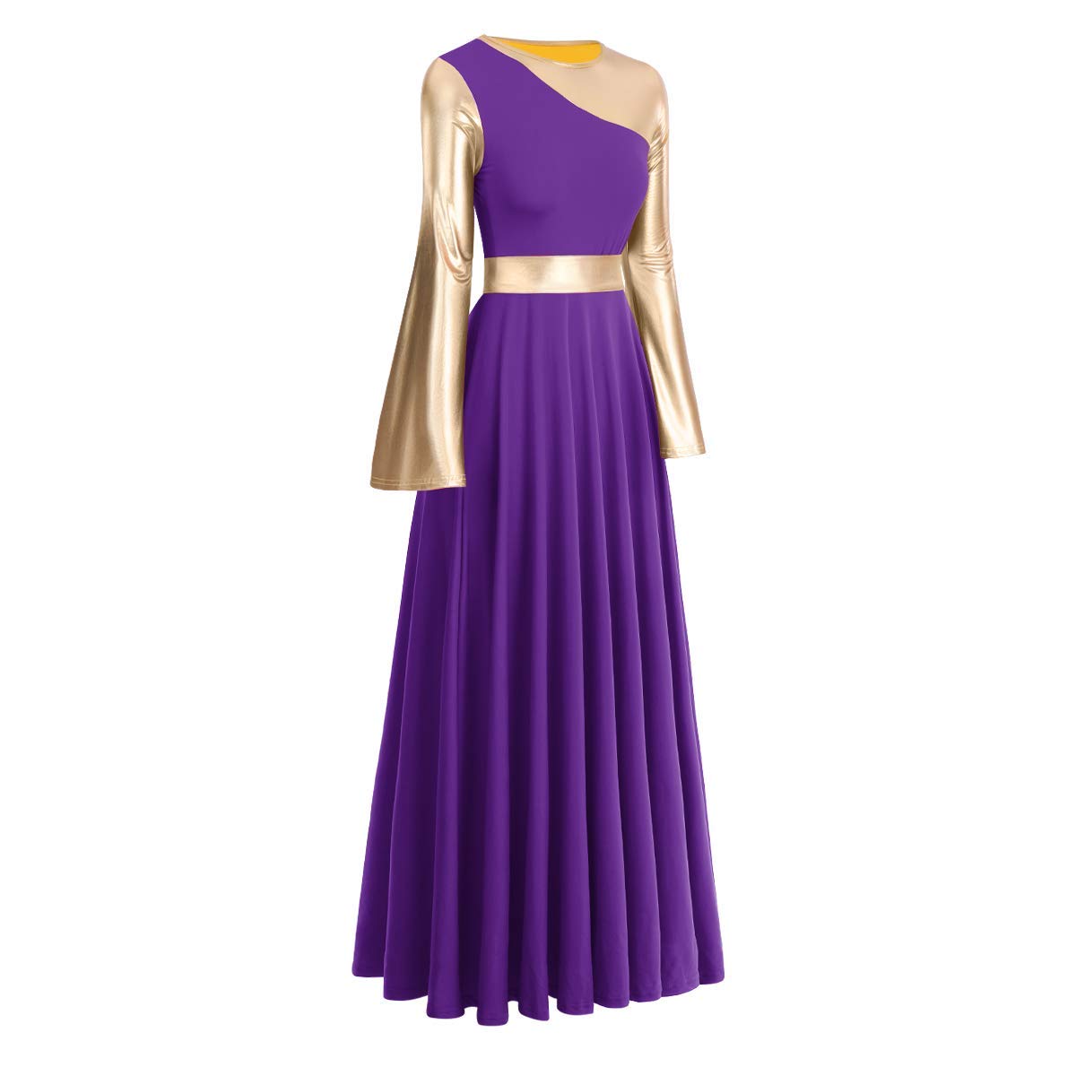 Metallic Praise Dance Dress for Women - Color Block Bell Sleeve Full Length Liturgical Worship Dress | Church Performances, Gospel Choir, Spiritual Dance Costume
