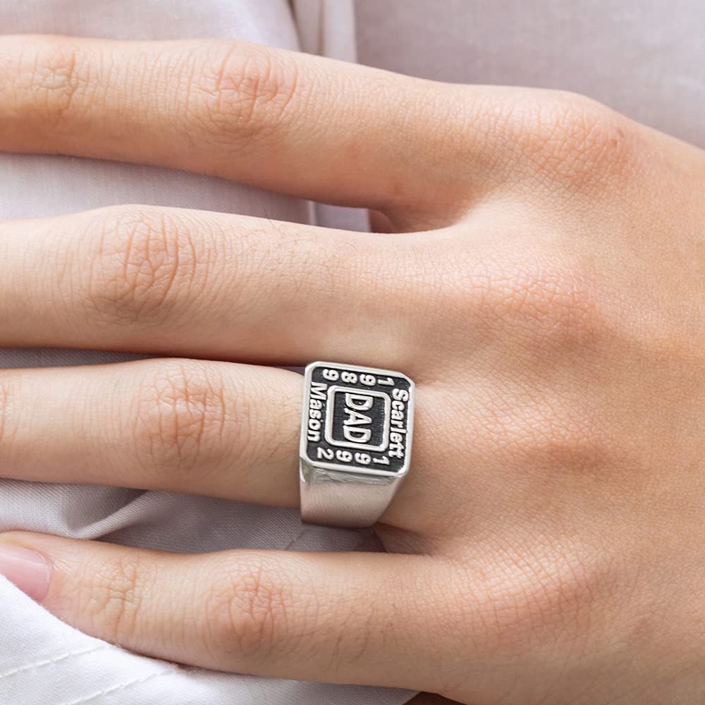 Custom 925 Sterling Silver/Brass Personalized Round & Square Dad Rings - Engraved Year Name Signet Rings for Men - Perfect Father's Day, Birthday Gifts for Dad & Grandpa - Ideal for Weddings, Anniversaries & Special Occasions