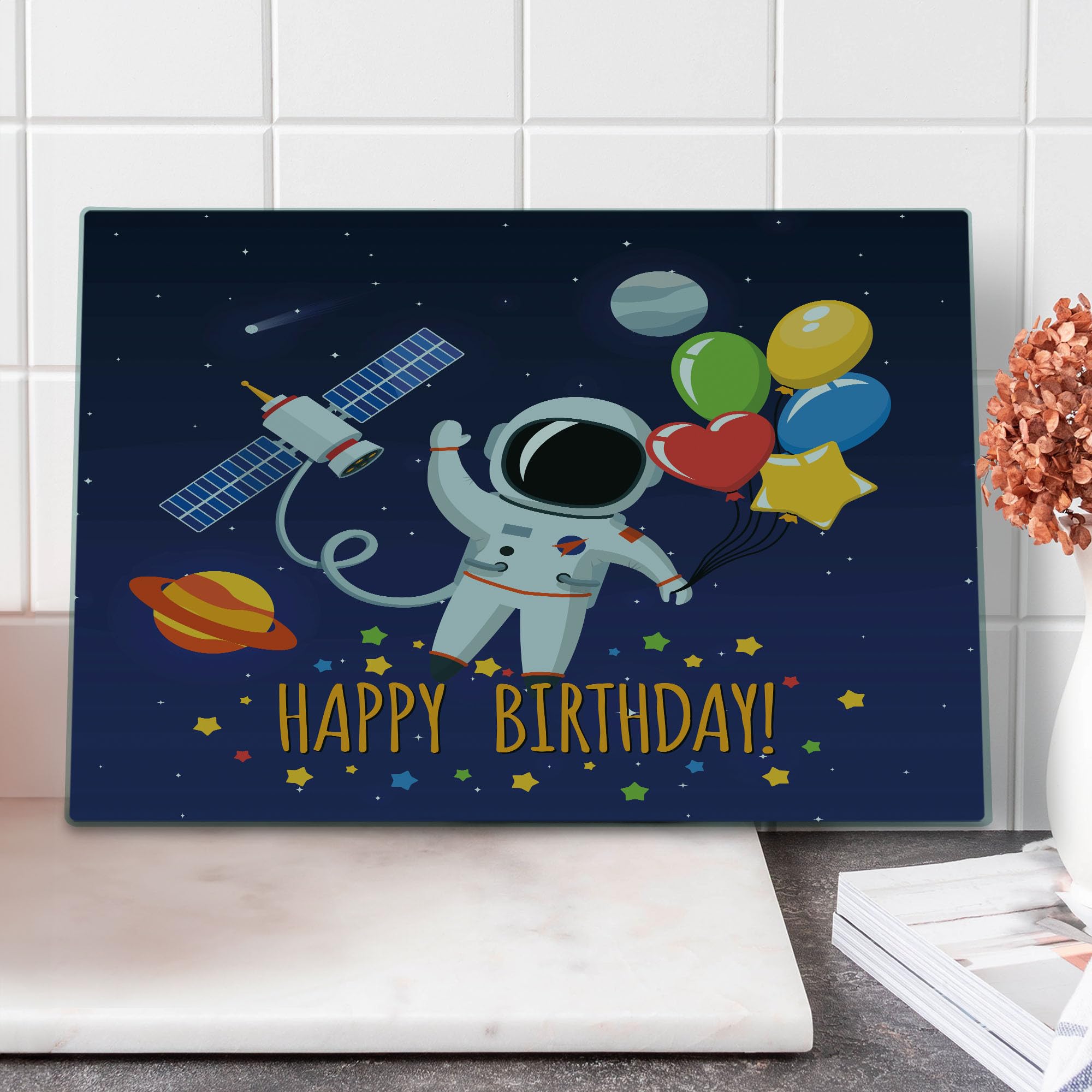 Ambesonne Astronaut Themed Birthday Cutting Board - Large Tempered Glass Serving Tray with Party Balloons Design - Perfect for Space Lover Gifts, Kitchen Decor & Party Serving (Blue Background, Multicolor) - Ideal for Birthday Parties, Housewarming Gifts & Kitchen Accessories