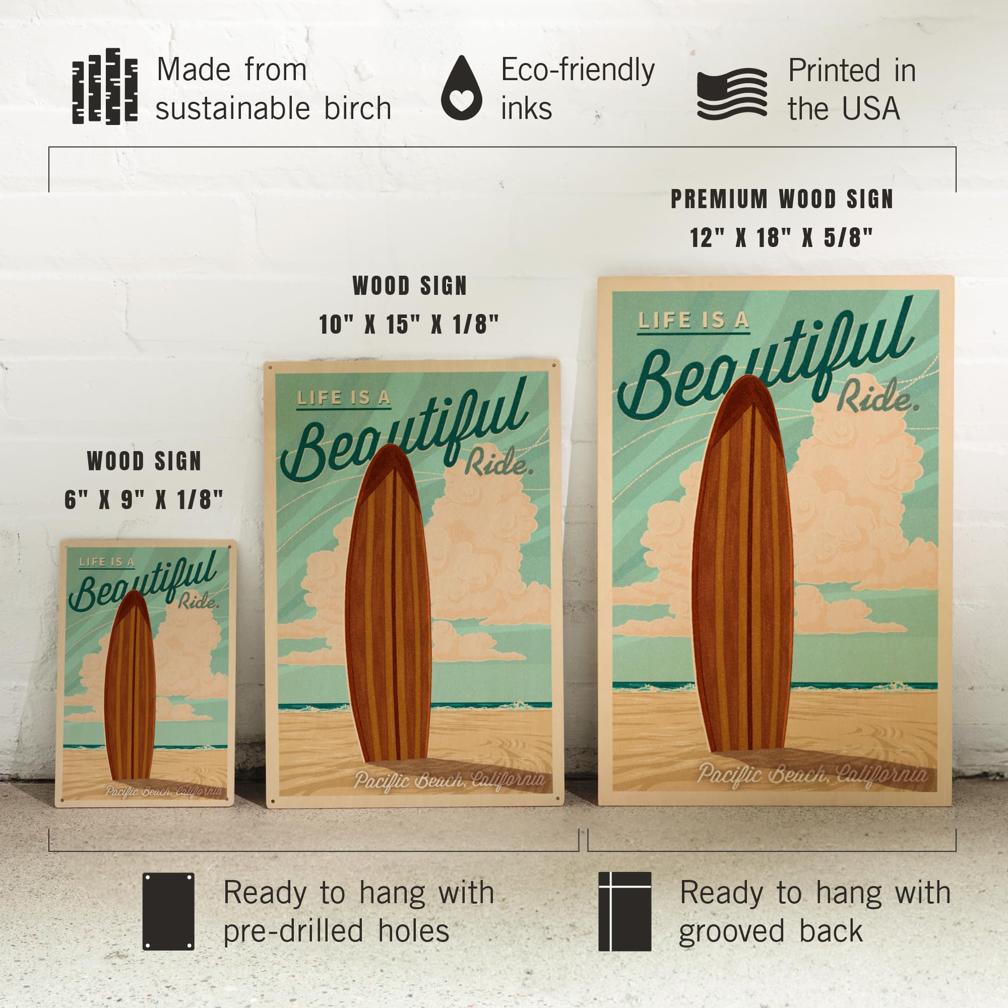 Lantern Press 10x15 Inch Wooden Wall Sign - Ready to Hang Coastal Decor with 'Life is a Beautiful Ride' Surfboard Design - Perfect for Beach House, Living Room, or Office Decor in Pacific Beach California Style
