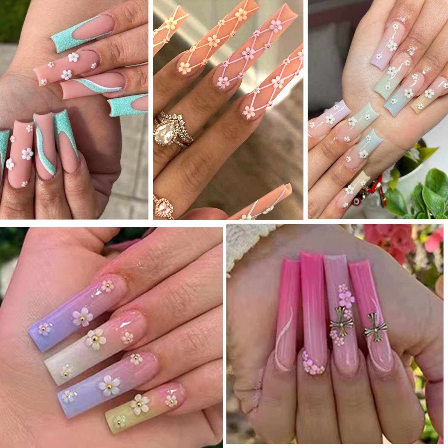 3D Flower Nail Charms & Metal Caviar Beads Set - Gold Silver Acrylic Resin Nail Art Decorations with Pickup Pencil for DIY Nail Design | Perfect for Manicures, Nail Salons & Home Nail Art Projects