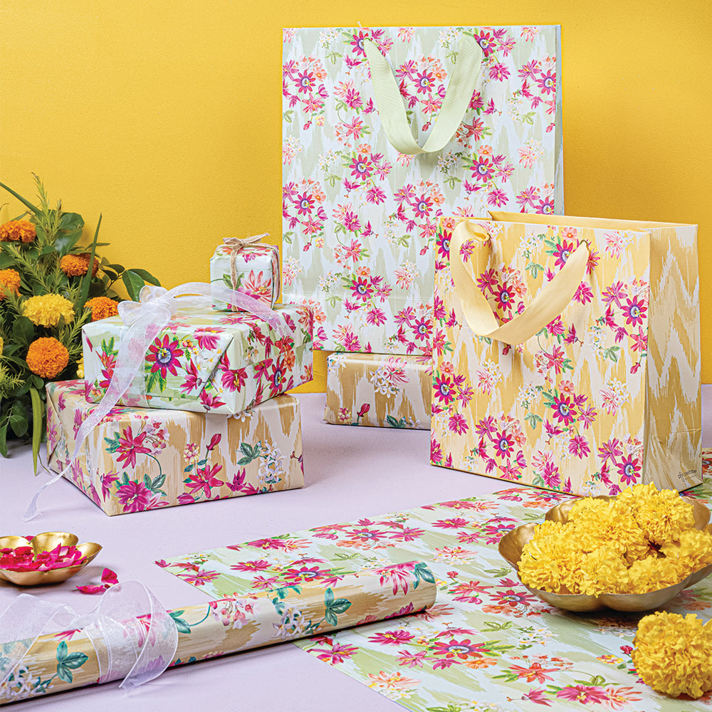 Premium Yellow Ikat Gift Bags - Set of 5 for Party Favors, Wedding Decor & Special Occasions