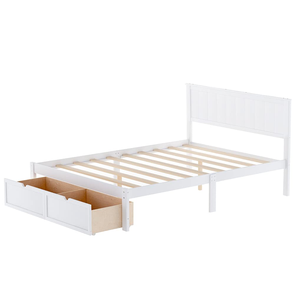 Pinewood Full Size Platform Bed Frame with Pull-Out Drawers & Headboard - Under Bed Storage Space for Kids & Teens - White - Perfect for Small Bedrooms & Dorm Rooms