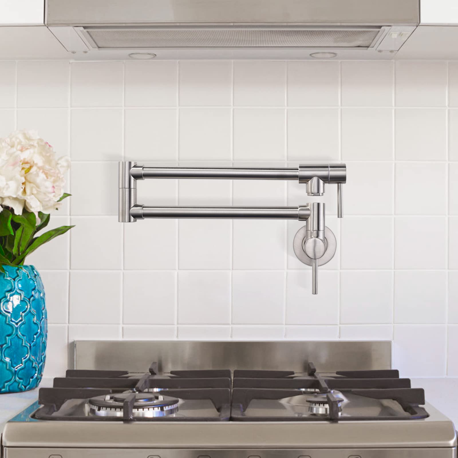 ALEASHA Brushed Nickel Wall Mount Pot Filler Faucet - Retractable Single Hole Kitchen Faucet with Dual Handles for Stove & Cooking Area | Ideal for Pasta Making, Soup Cooking, Large Pot Filling & Professional Kitchen Use