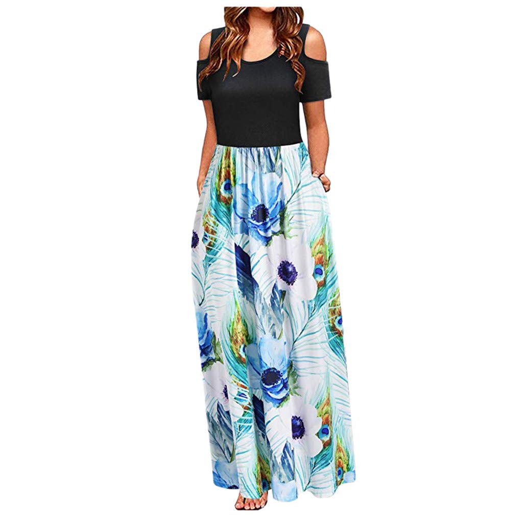 AODONG Women's Summer Floral Cold Shoulder Maxi Dress with Pockets - Casual Long Sundress for Beach, Vacation & Outdoor Parties