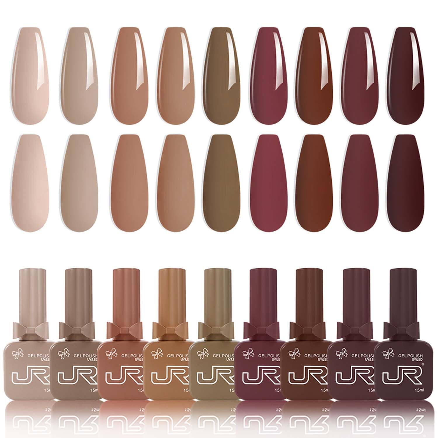 JR 9pc 15ml Gel Nail Polish Set - Earth Tones for Salon & Home DIY