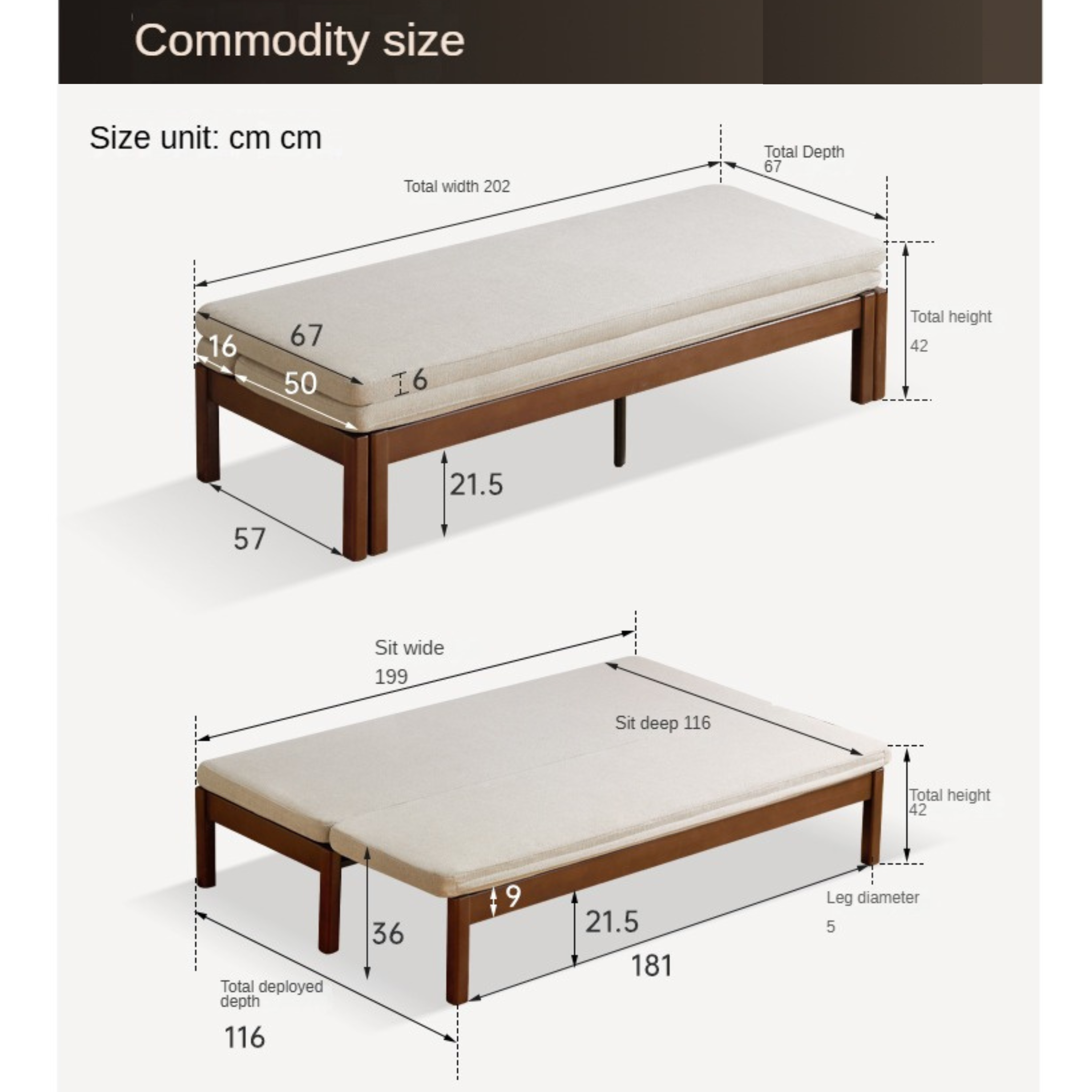 Beech Solid Wood Folding Sofa Bed - Convertible 2-in-1 Furniture for Small Spaces, Guest Room & Studio Apartments