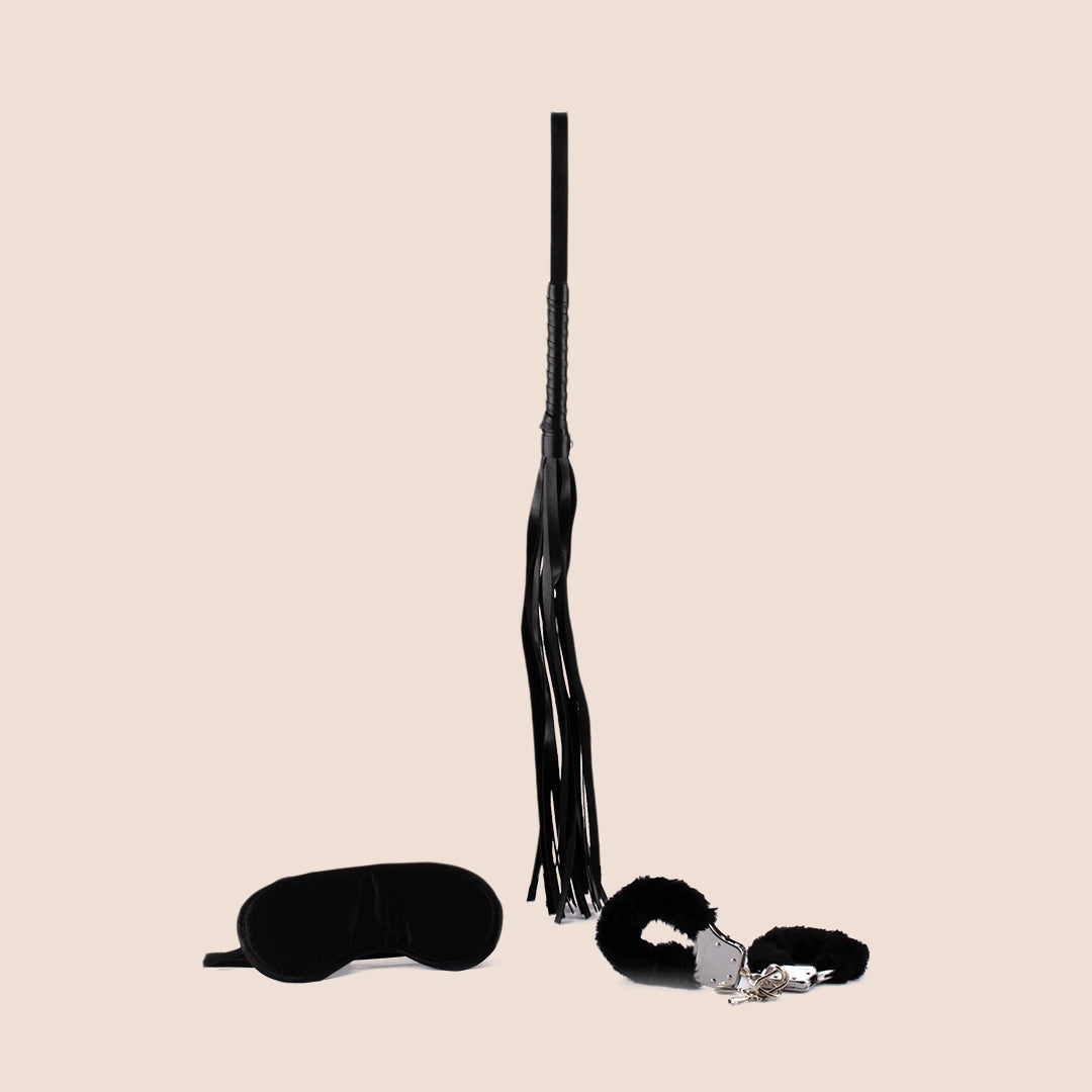 Sex & Mischief S&M Starter Kit - Satin Blindfold, Furry Handcuffs & Flogger for Couples | BDSM Bondage Gear for Sensual Play & Spicing Up Relationships
