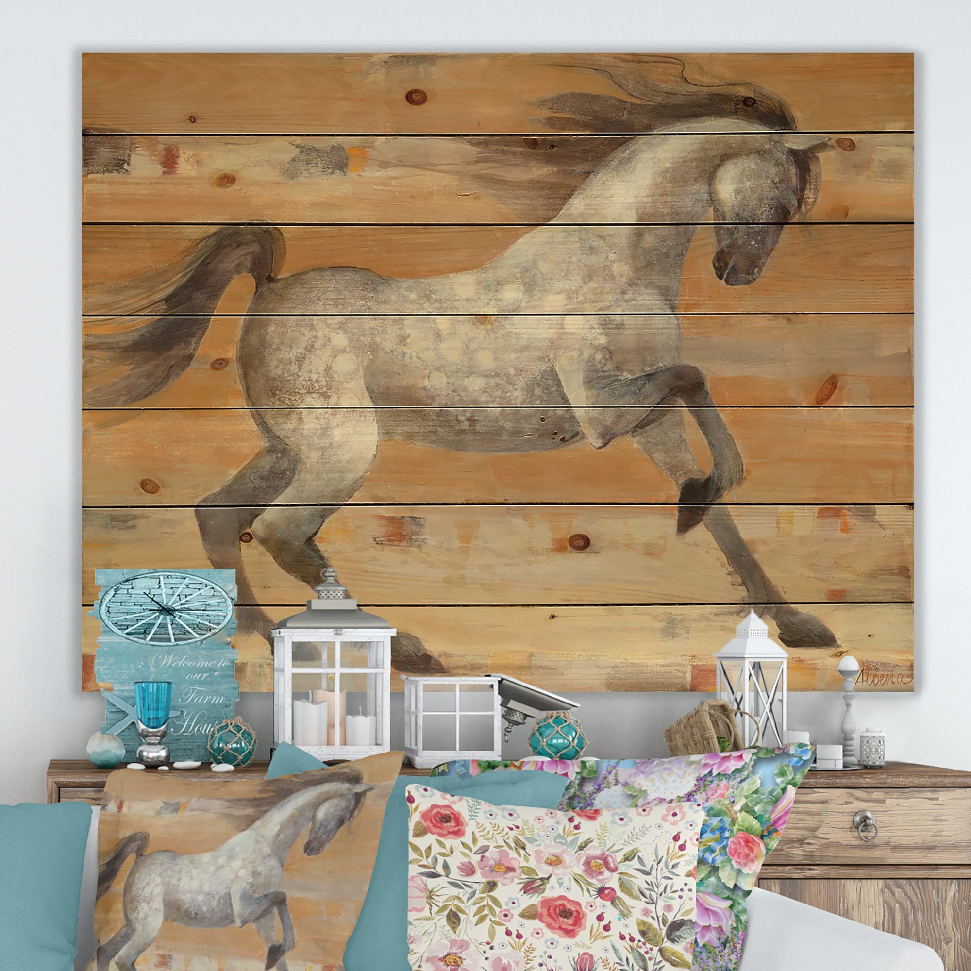 Southwest Beige Horse Farmhouse Wood Wall Decor - Large Animal Wood Wall Art Panel Printed on Natural Pine - Rustic Western Home Decor for Living Room, Bedroom, or Office