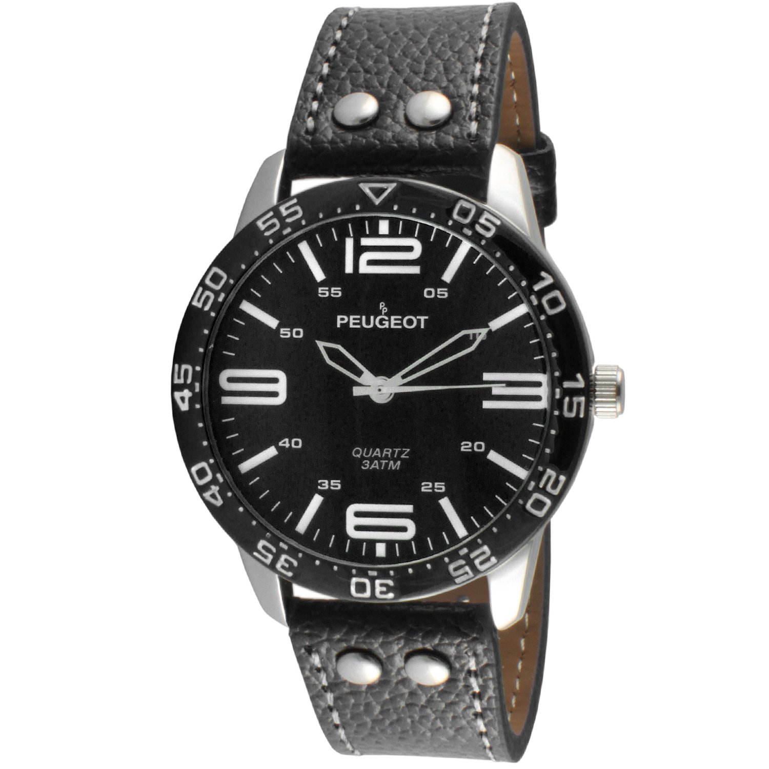 Peugeot Men's Aviator Watch - Water Resistant Stainless Steel Chronograph with Genuine Leather Strap - Perfect for Outdoor Adventures, Business & Casual Wear