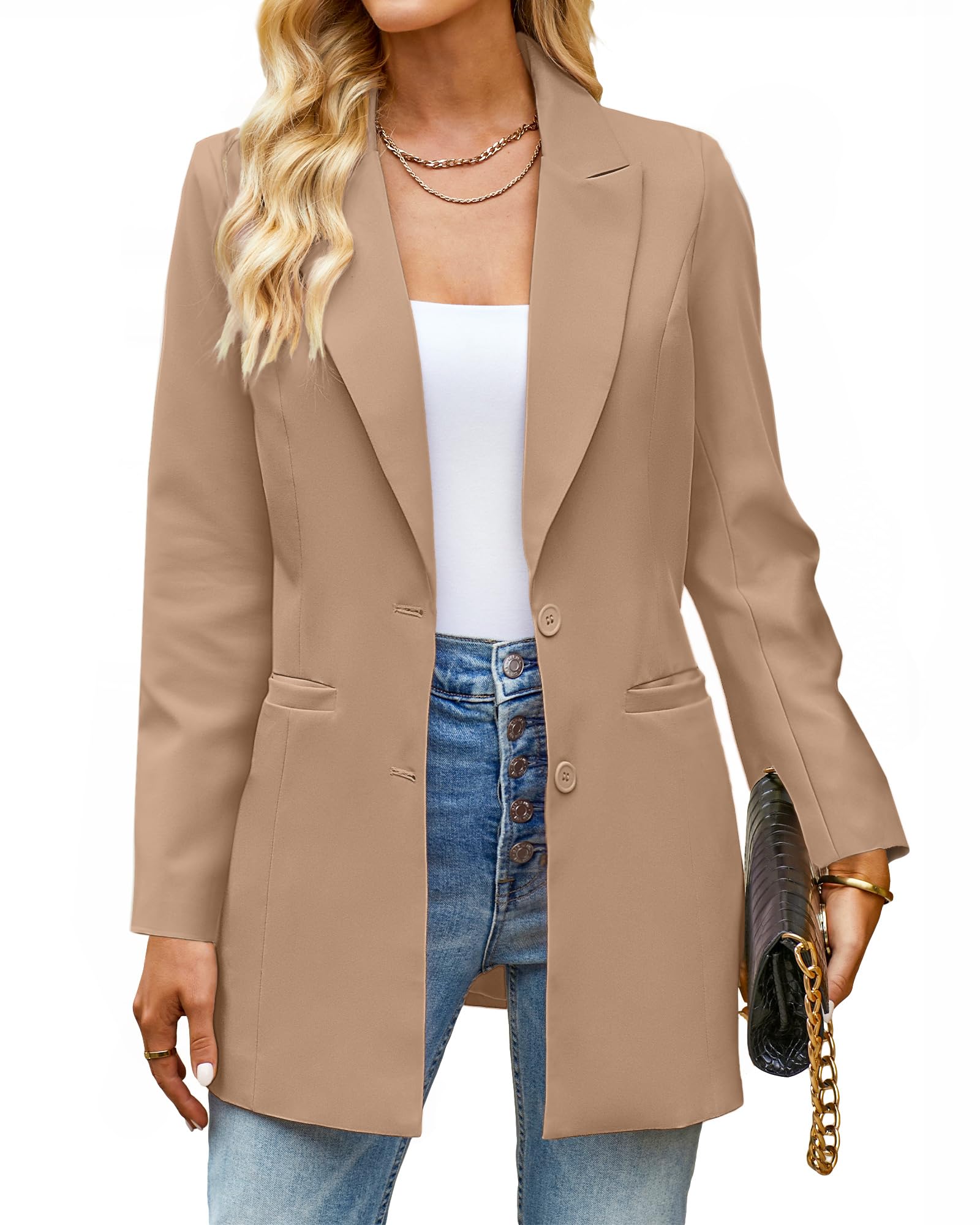 Luvamia Women's Business Casual Blazer Jacket - Professional Long Office Blazer with Lapel Pockets for Work, Interview & Formal Occasions