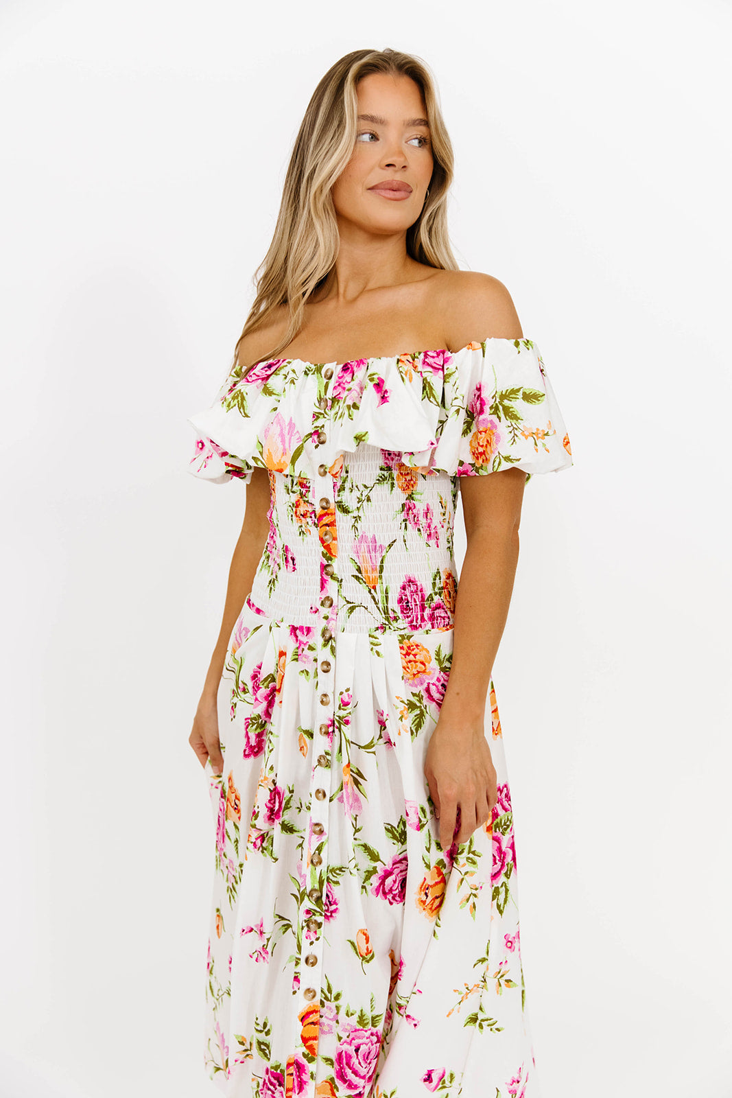 Laney Floral Maxi Dress - White Floral Print Long Summer Dress for Women | Beach Wedding, Vacation, Party Wear