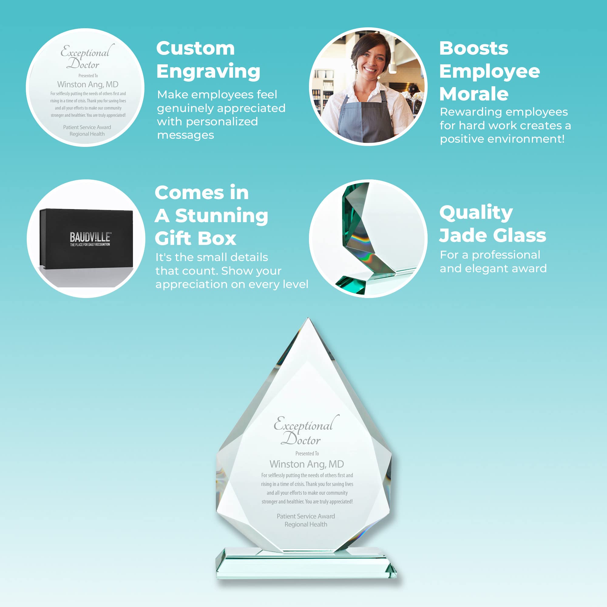 Baudville Custom Engraved Jade Glass Trophy Award - Personalized Recognition for Employees, Students & Achievers - Perfect for Corporate Awards, Academic Ceremonies & Sports Events