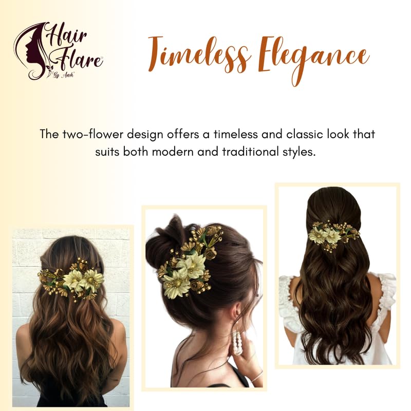 Elegant Gold Hair Flare with Artificial Flowers & Pearls Hairpin - Women & Girls Hair Accessories for Weddings, Parties & Special Occasions - Pack of 1