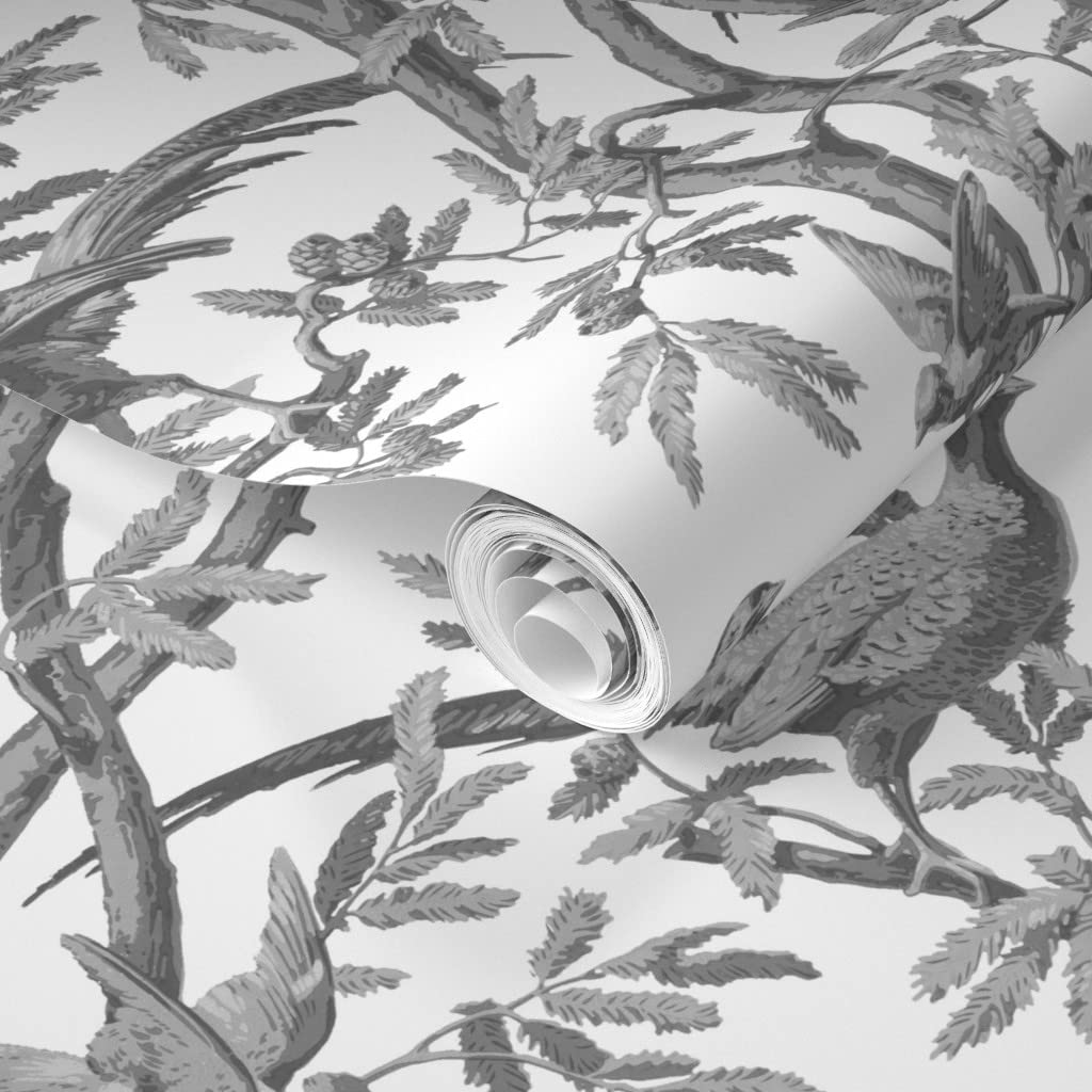 Removable Wallpaper Swatch - Gray Scale Branches Birds Trees Antique Romantic Chinoiserie Toile Custom Pre-Pasted Wallpaper | Perfect for Nursery, Bedroom & Home Office Decor | Spoonflower