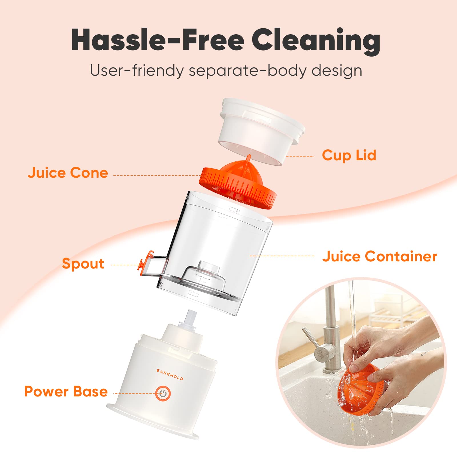 EASEHOLD Electric Citrus Juicer - Rechargeable USB Portable Orange/Lemon/Lime/Grapefruit Squeezer with 2 Juicer Cones | Hands-Free Automatic Fruit Juicer for Kitchen, Breakfast, Bar, Restaurant & Outdoor Use