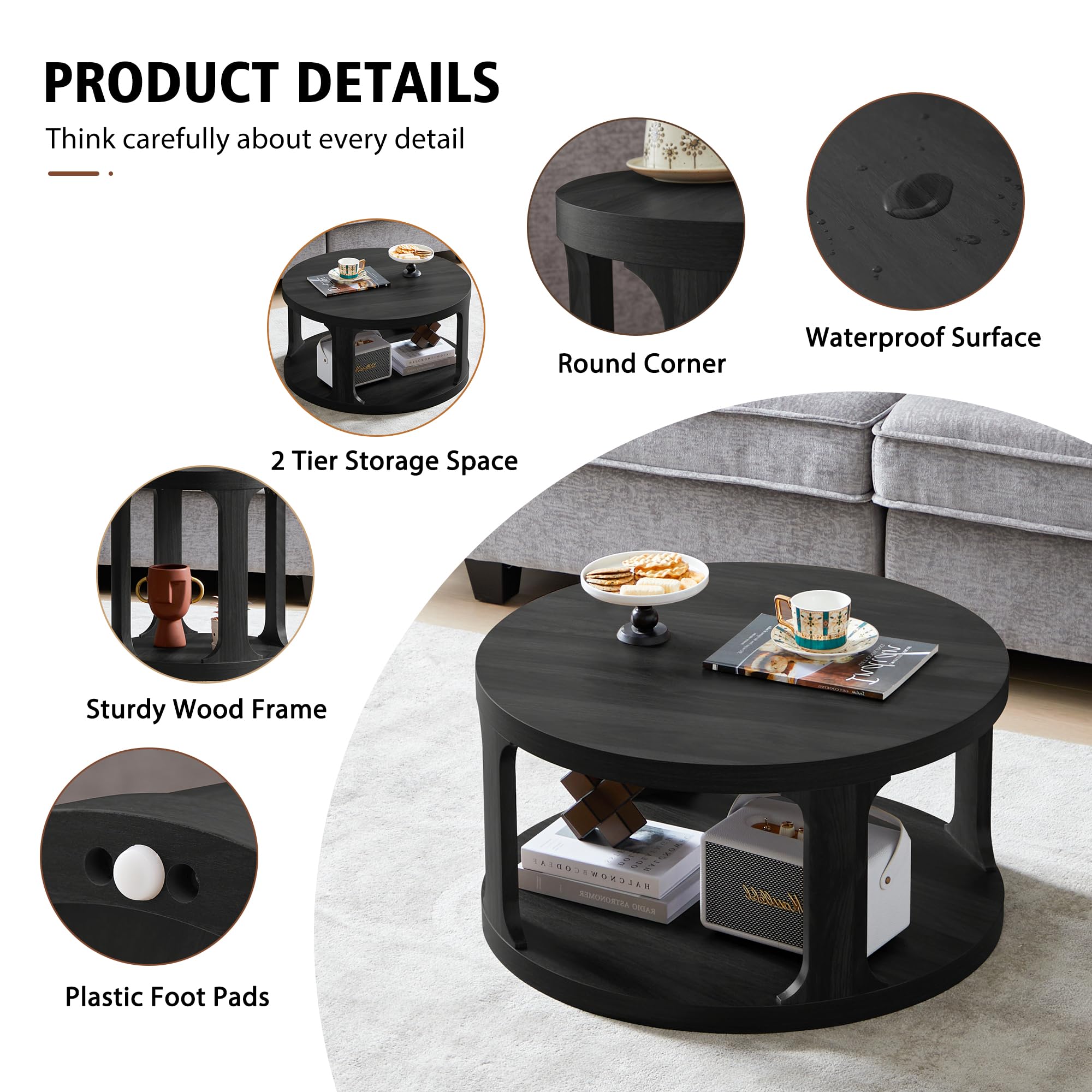 2-Piece Round Coffee Table and End Table Set with 2-Tier Storage - Modern Accent Side Tables for Living Room, Bedroom or Office (Black) - Perfect for Small Spaces & Home Decor