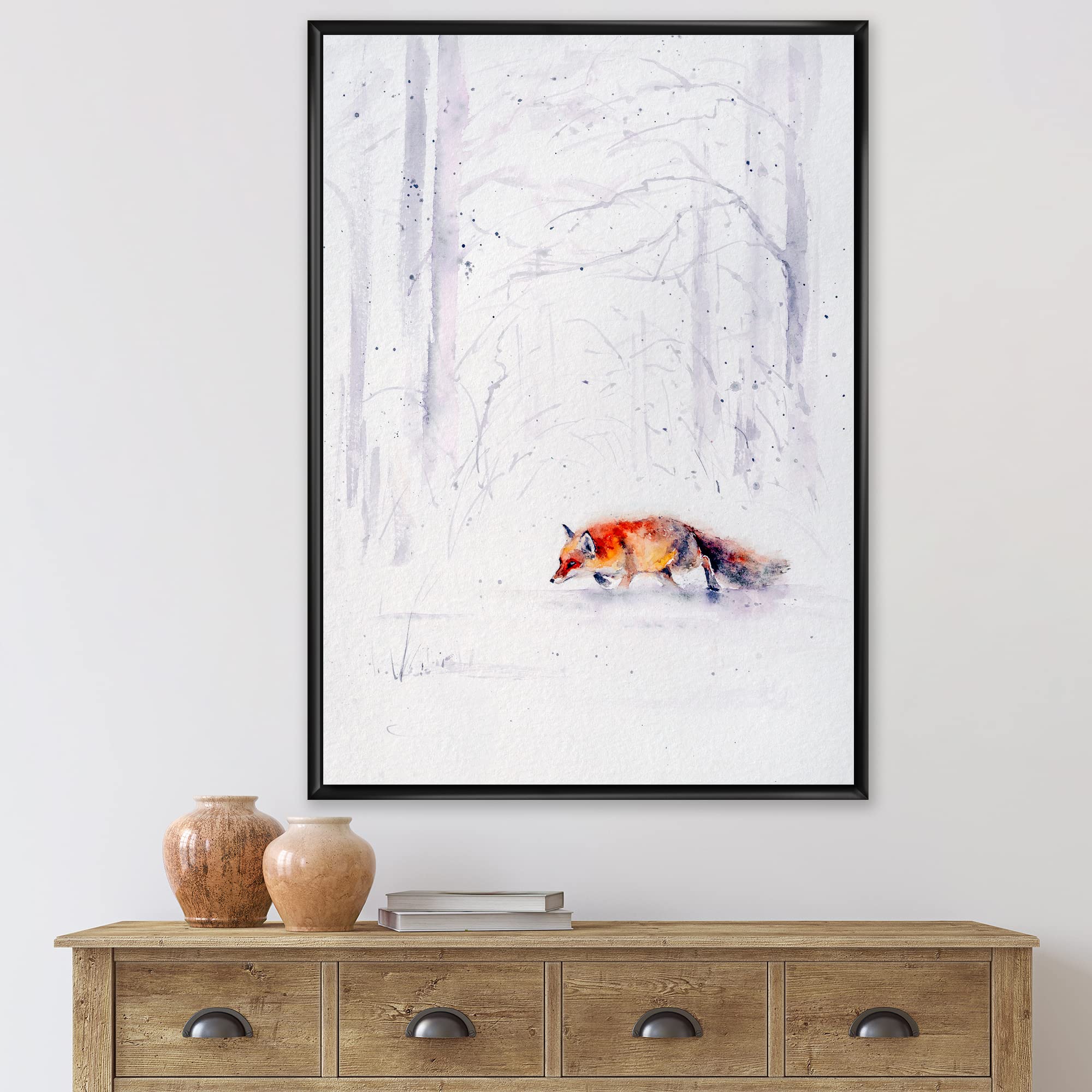 Red Fox Running in Snow - Framed Canvas Wall Art Print for Farmhouse Decor | Winter Wildlife Home Decor, Living Room & Bedroom Wall Art