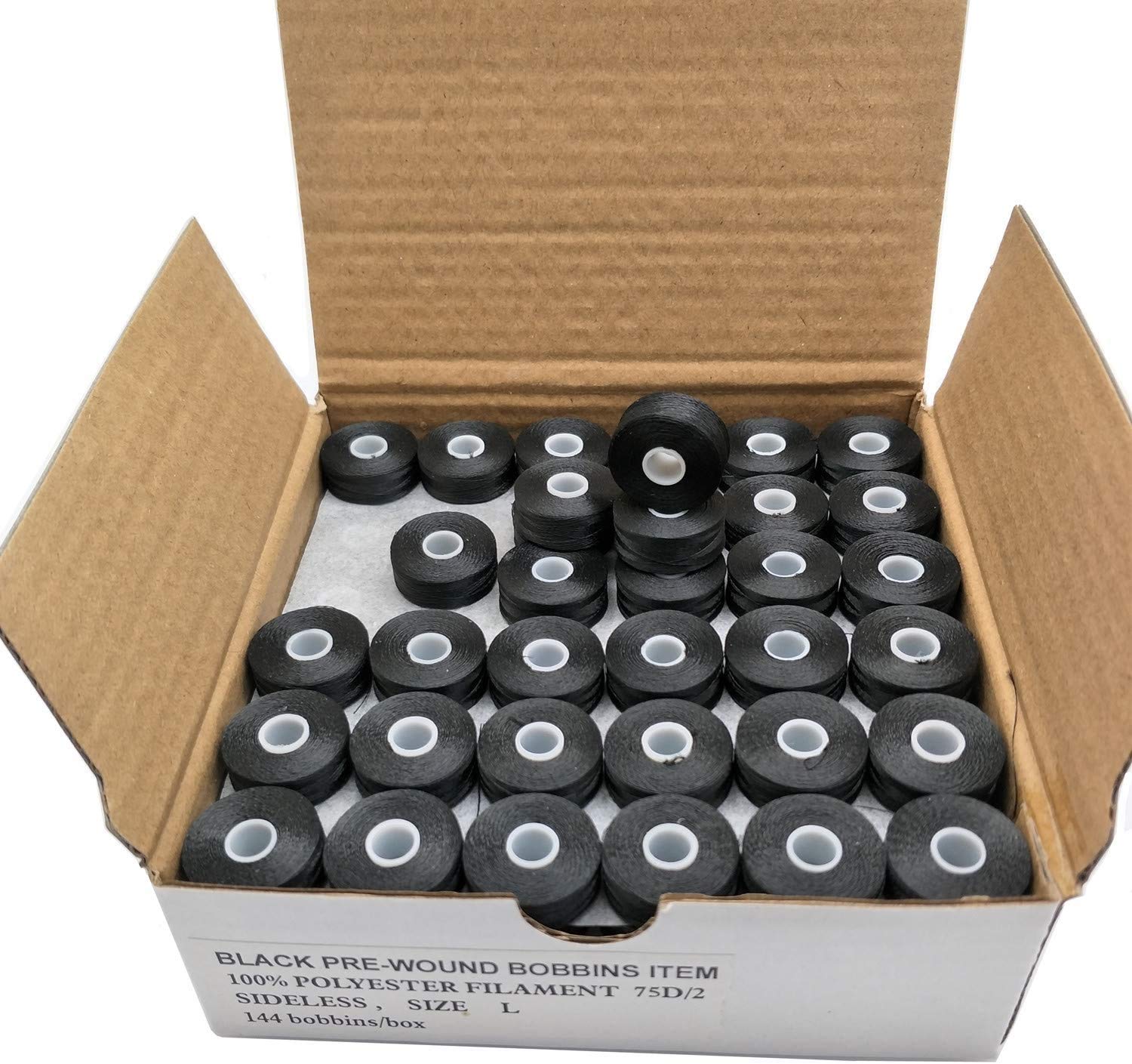144pcs L-Style Prewound Embroidery Bobbins for Brother, Babylock, Janome Machines - Black Sideless - Perfect for Quilting, Sewing & Embroidery Projects