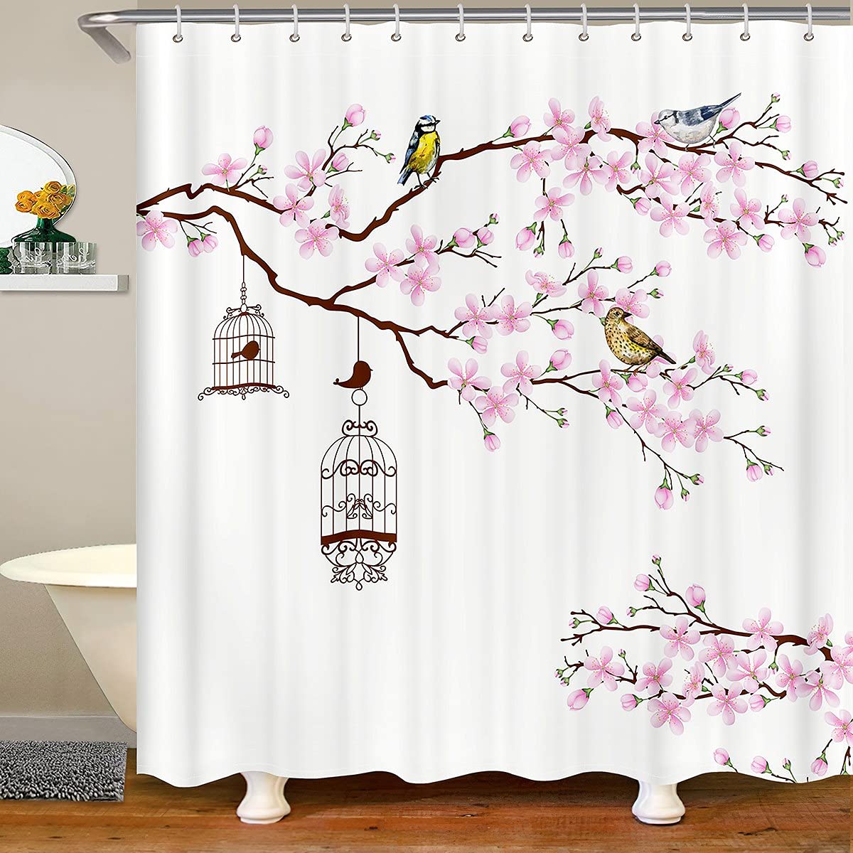 Pink Cherry Blossom Shower Curtain with Birds - Waterproof Bathroom Decor for Girls & Teens, Japanese Style Floral Animal Print, Machine Washable 72x78 Inches - Perfect for Modern Bathrooms, Kids' Rooms & Dorm Decor