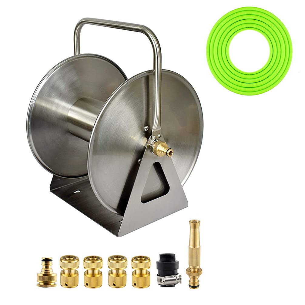 OHKKSD Stainless Steel Hand-Cranked Hose Reel - Portable & Wall-Mounted Water Pipe Storage Rack with Metal Sprinklers for Outdoor Garden, Lawn, and Car Washing
