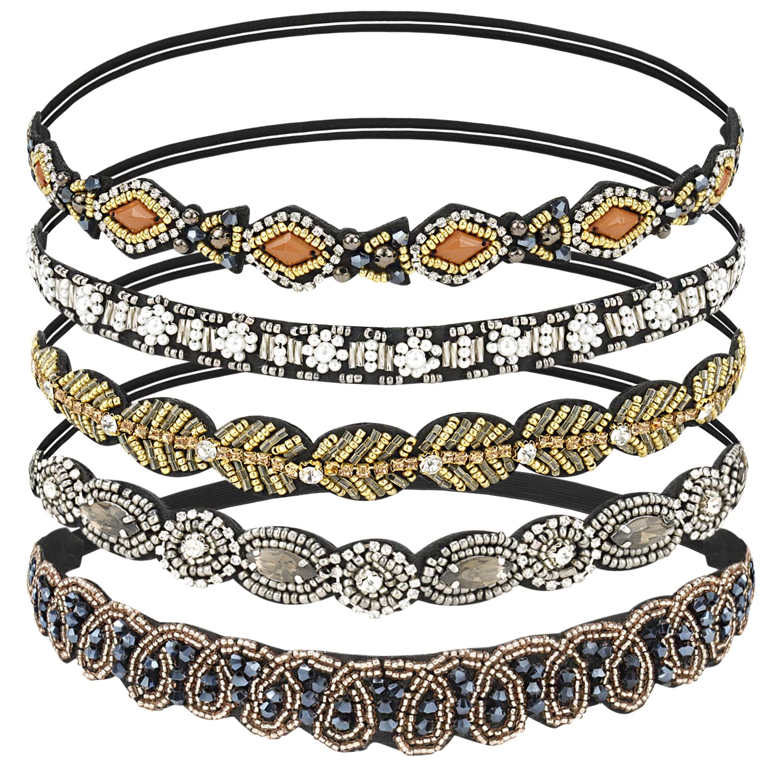 AMCAMI 5-Piece Rhinestone Beaded Hairband Set for Women - Elegant Crystal Jeweled Headbands - Handmade Hair Accessories for Women & Girls (Weddings, Parties, Prom, Daily Wear)