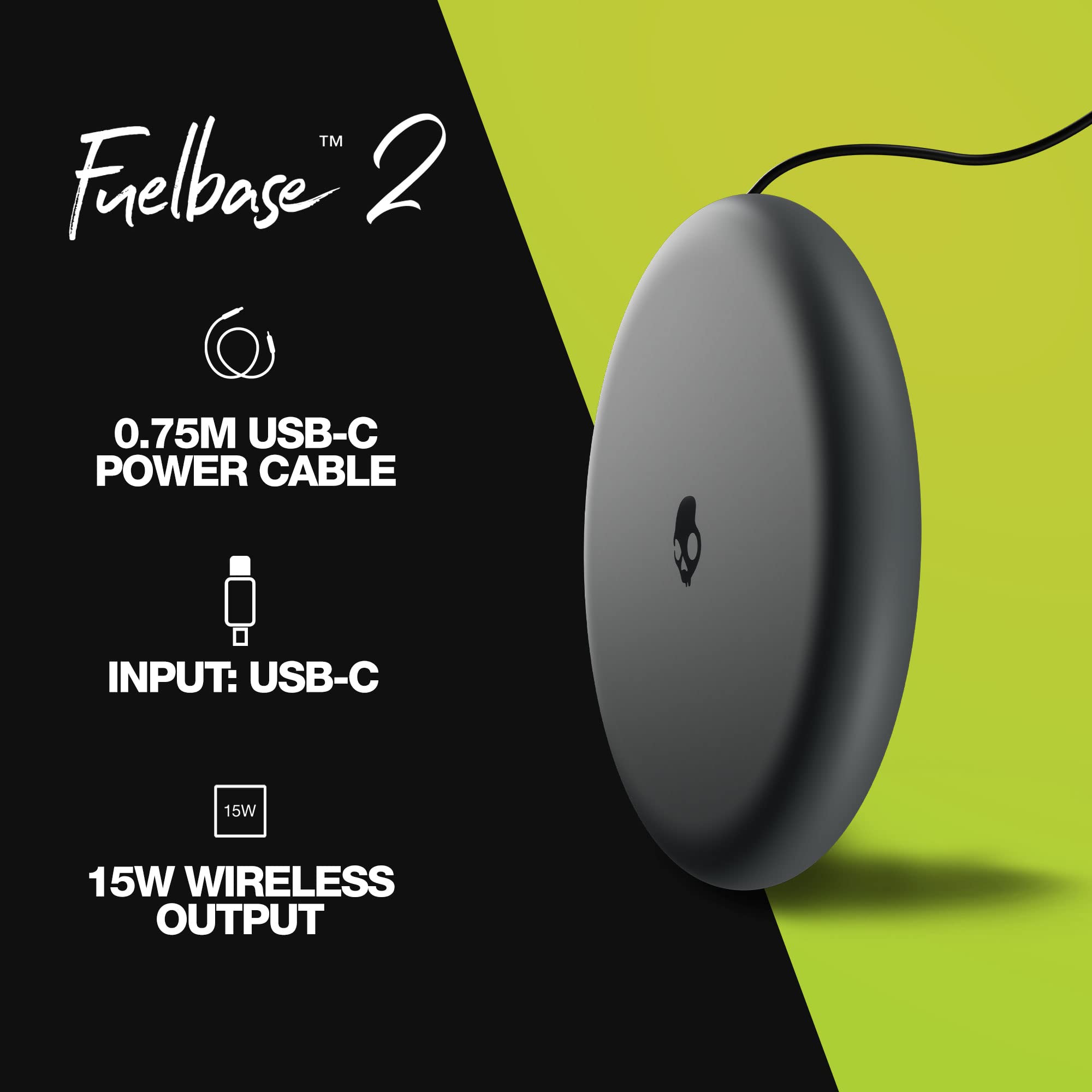 Skullcandy Fuelbase 2 Wireless Charger 15W Fast Charging Pad - Compatible with iPhone 15/14/13 Pro Max, Samsung Galaxy S23/S22, AirPods Pro 2 - Grey & Yellow - Perfect for Bedside, Office & Car Charging