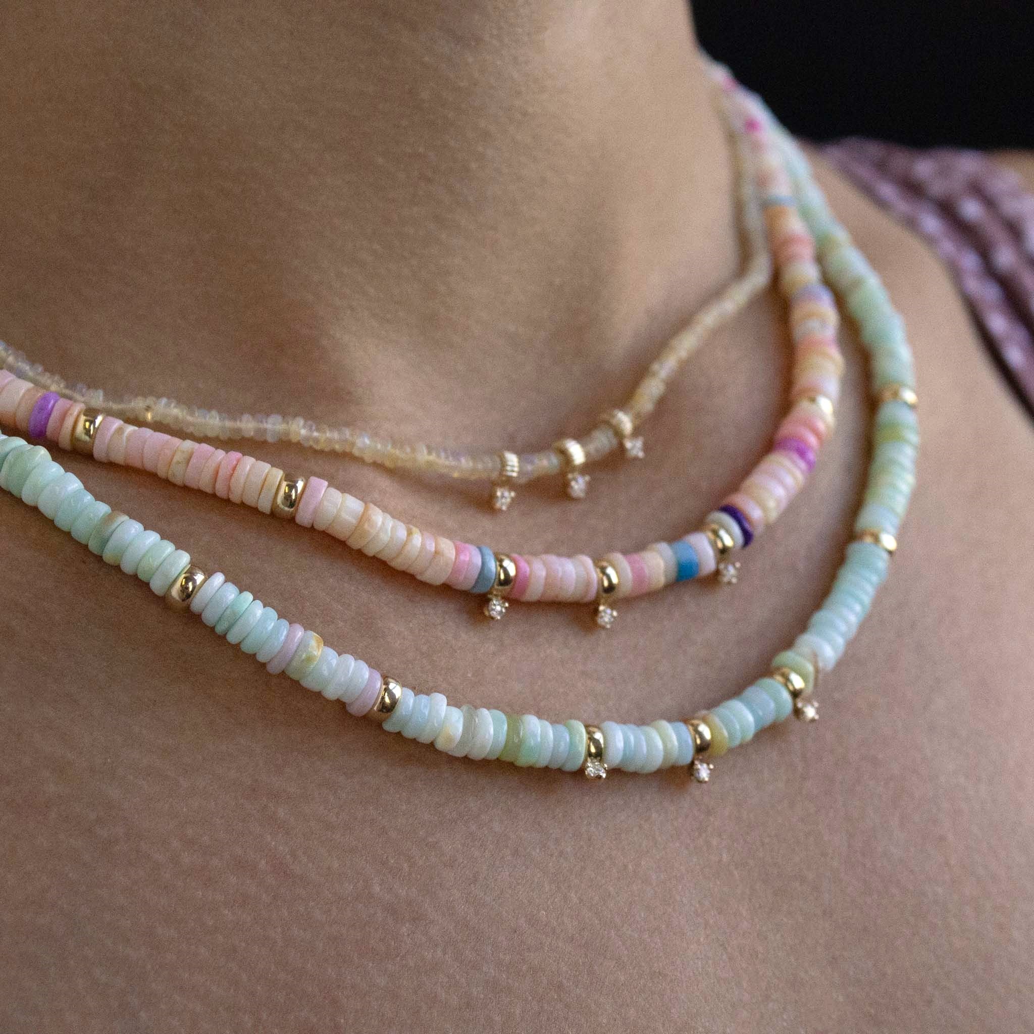 14K Gold & Light Blue Opal Beaded Necklace with 3-Prong Diamond Accents - Elegant Layering Jewelry for Women, Perfect for Weddings, Parties & Everyday Wear