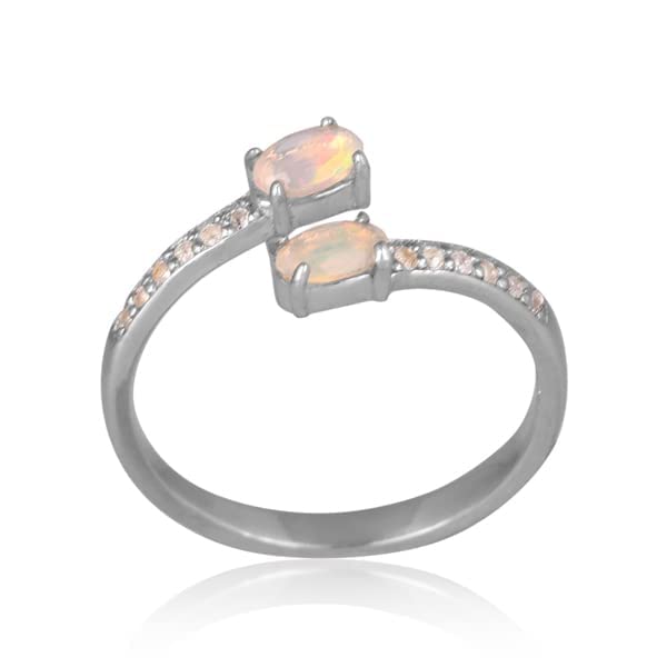 925 Sterling Silver Round Natural White Topaz & Ethiopian Opal Gemstone Ring for Women - Anniversary, Engagement, Baby Shower Gift for Mom, Sister & Friends | Elegant Jewelry for Special Occasions & Everyday Wear (Size 5.5)