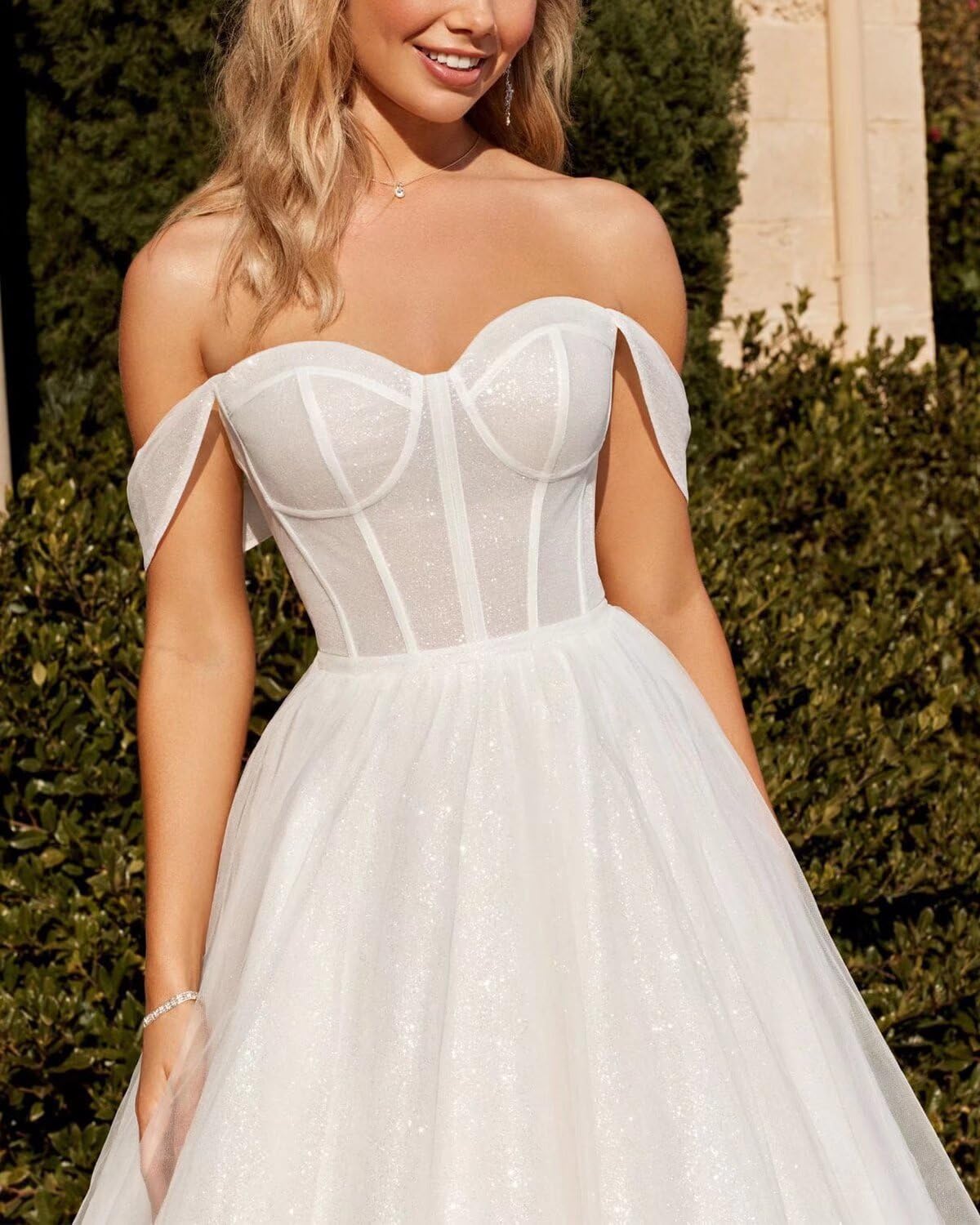 Off The Shoulder Tulle Wedding Dress for Bride - Sweetheart Neckline A-Line Corset Back Long Bridal Gown | Perfect for Beach Weddings, Church Ceremonies & Romantic Photoshoots