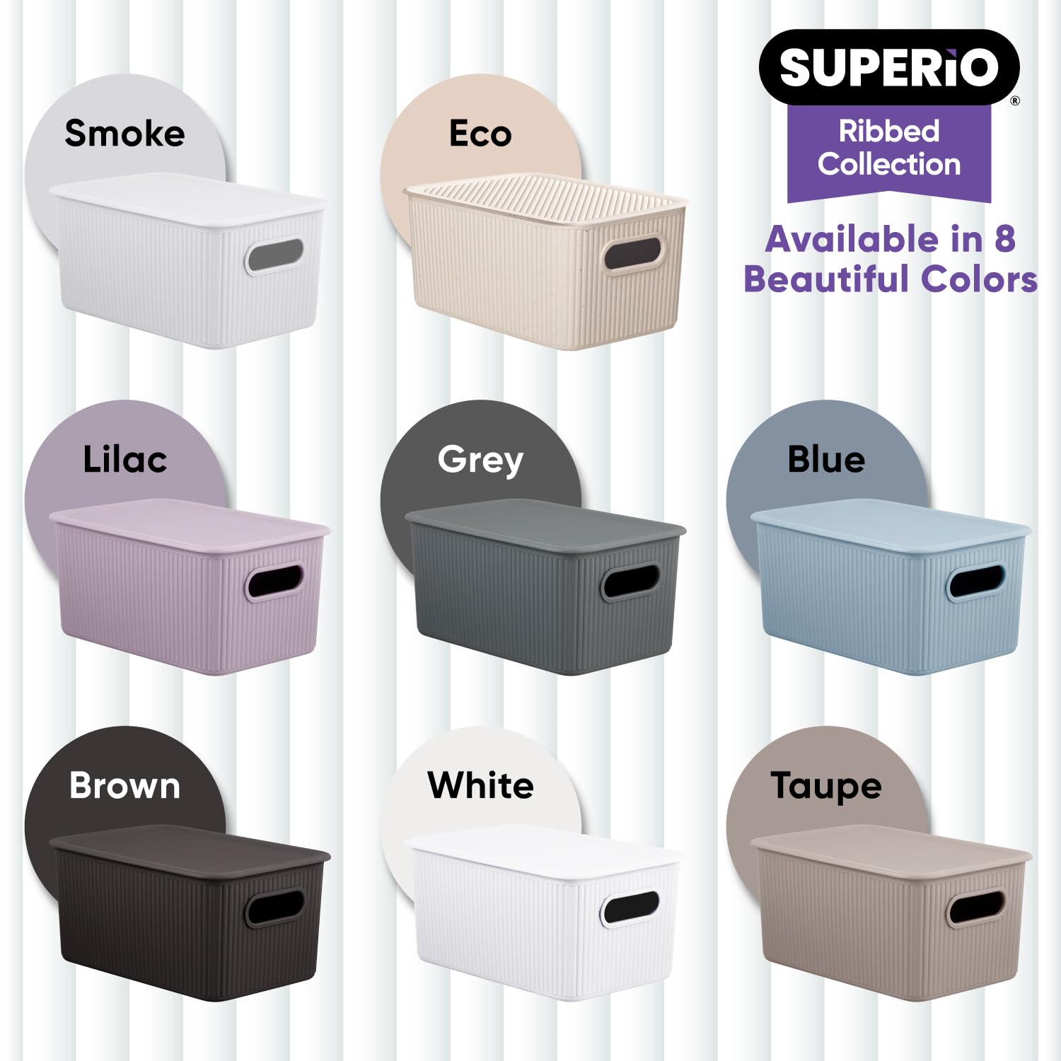 Superio Ribbed Collection - 5L Decorative Plastic Storage Bins with Lids, Medium Brown (1-Pack) - Stackable Home Organizer Baskets for Closet, Shelf, Drawer & Cabinet Organization - Perfect for Bedroom, Bathroom & Office Storage