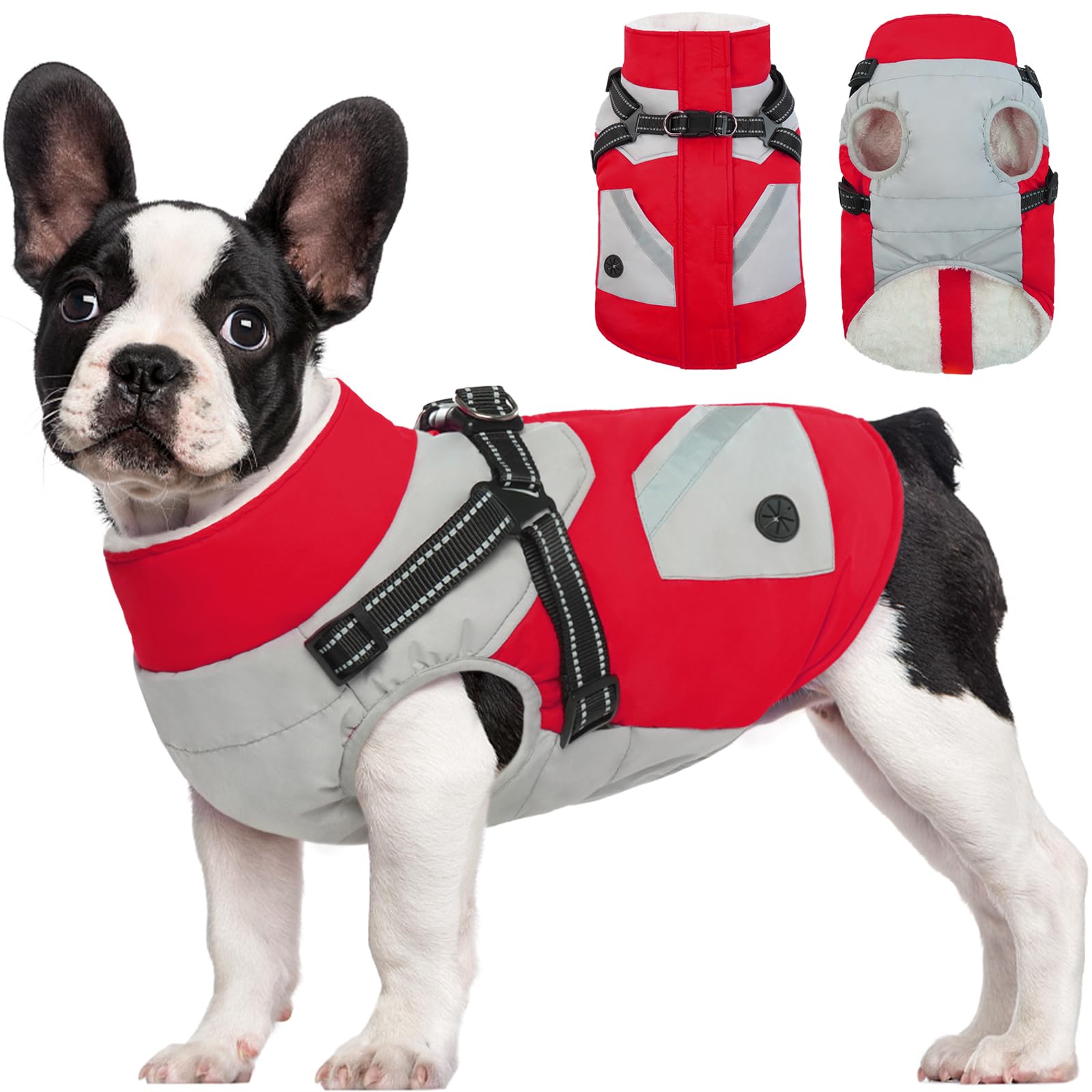 FUAMEY Waterproof Dog Jacket with Built-in Harness - Winter Coat with Back Zipper & Poop Bag Pockets - Reflective Snowsuit Vest for Medium Dogs (Red, Size M) - Perfect for Outdoor Walks, Hiking & Cold Weather Protection