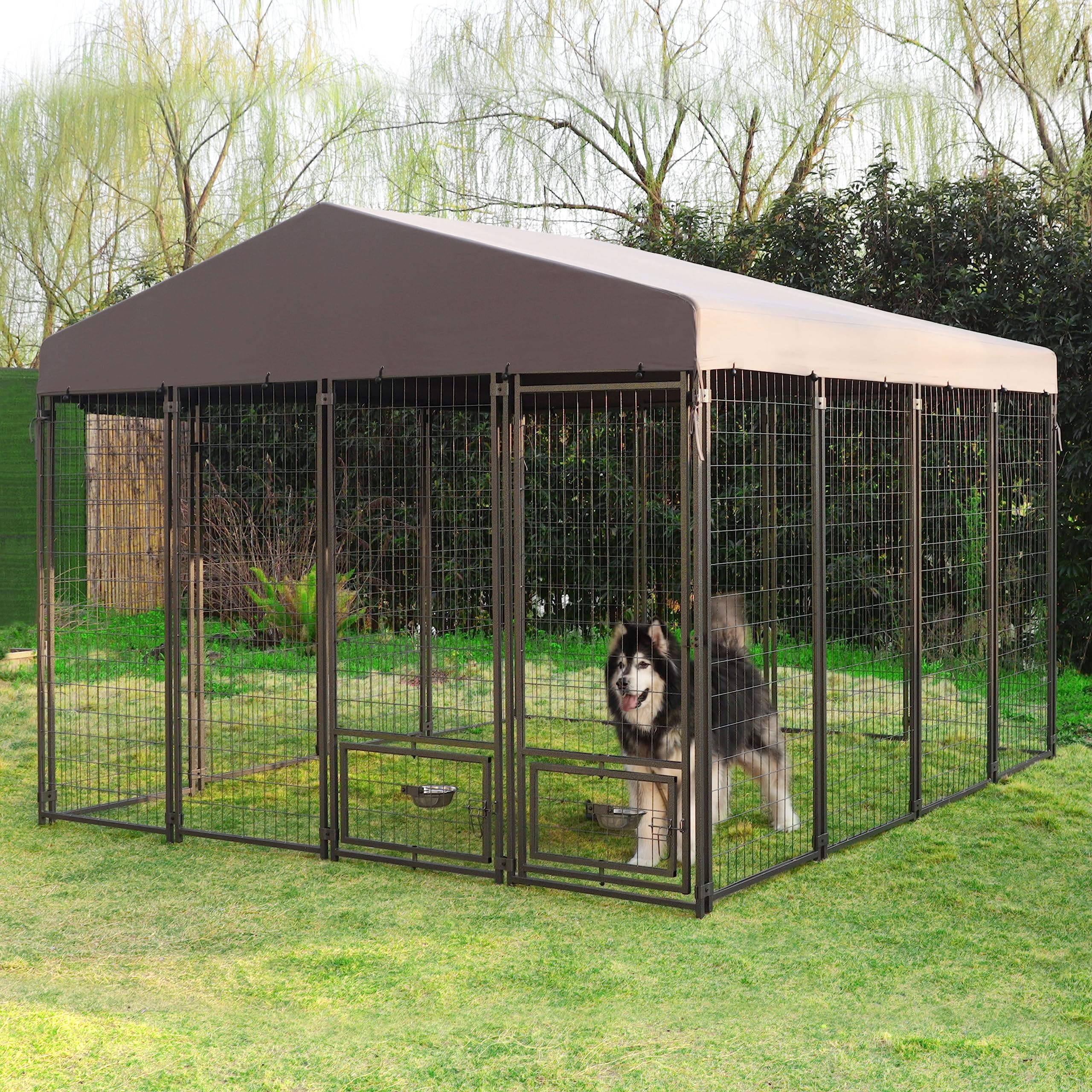 VEIKOU 10'x10' Heavy Duty Outdoor Dog Kennel - Large Metal Dog Cage with Upgraded Canopy, Rotating Feeding Doors & Powder Coated Steel Frame - Includes 2 Bowls - Perfect for Backyard, Patio, or Kennel Use