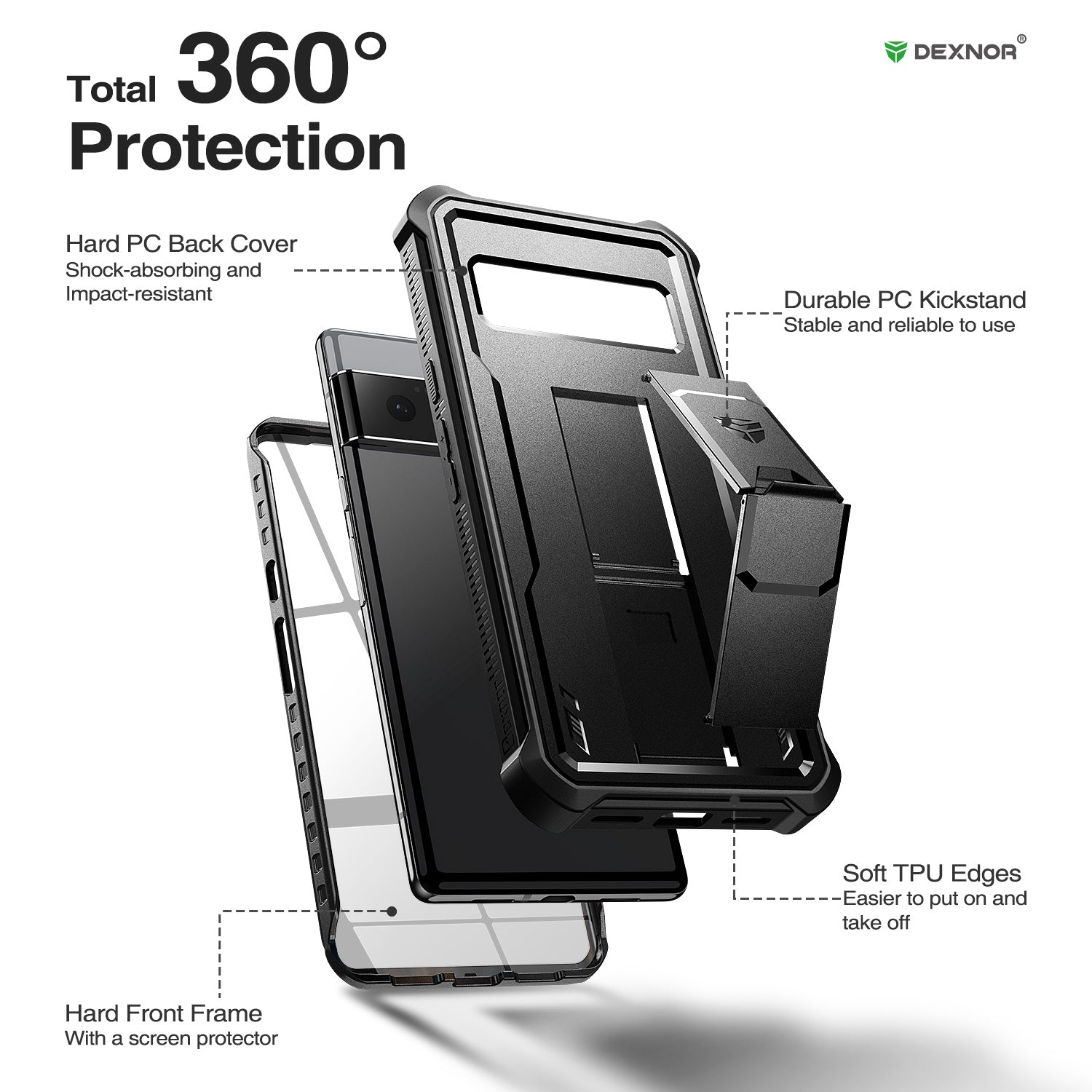 Dexnor Heavy Duty Shockproof Rugged Case for Google Pixel 6 Pro 5G with Built-in Screen Protector, Full Body Bumper & Kickstand - Perfect for Outdoor Activities, Work, and Travel Protection