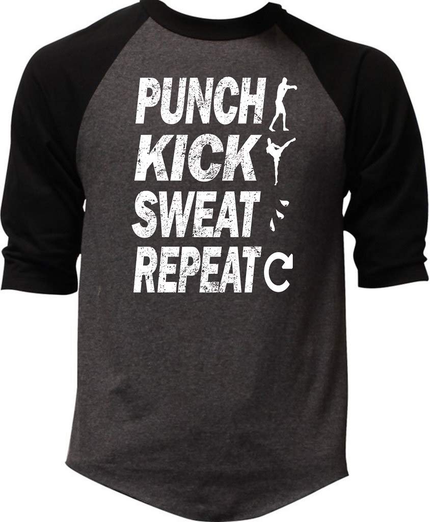 Koyotee Men's Punch Kick Sweat Repeat Raglan Baseball T-Shirt - Charcoal/Black - Gym Workout & Casual Streetwear Tee