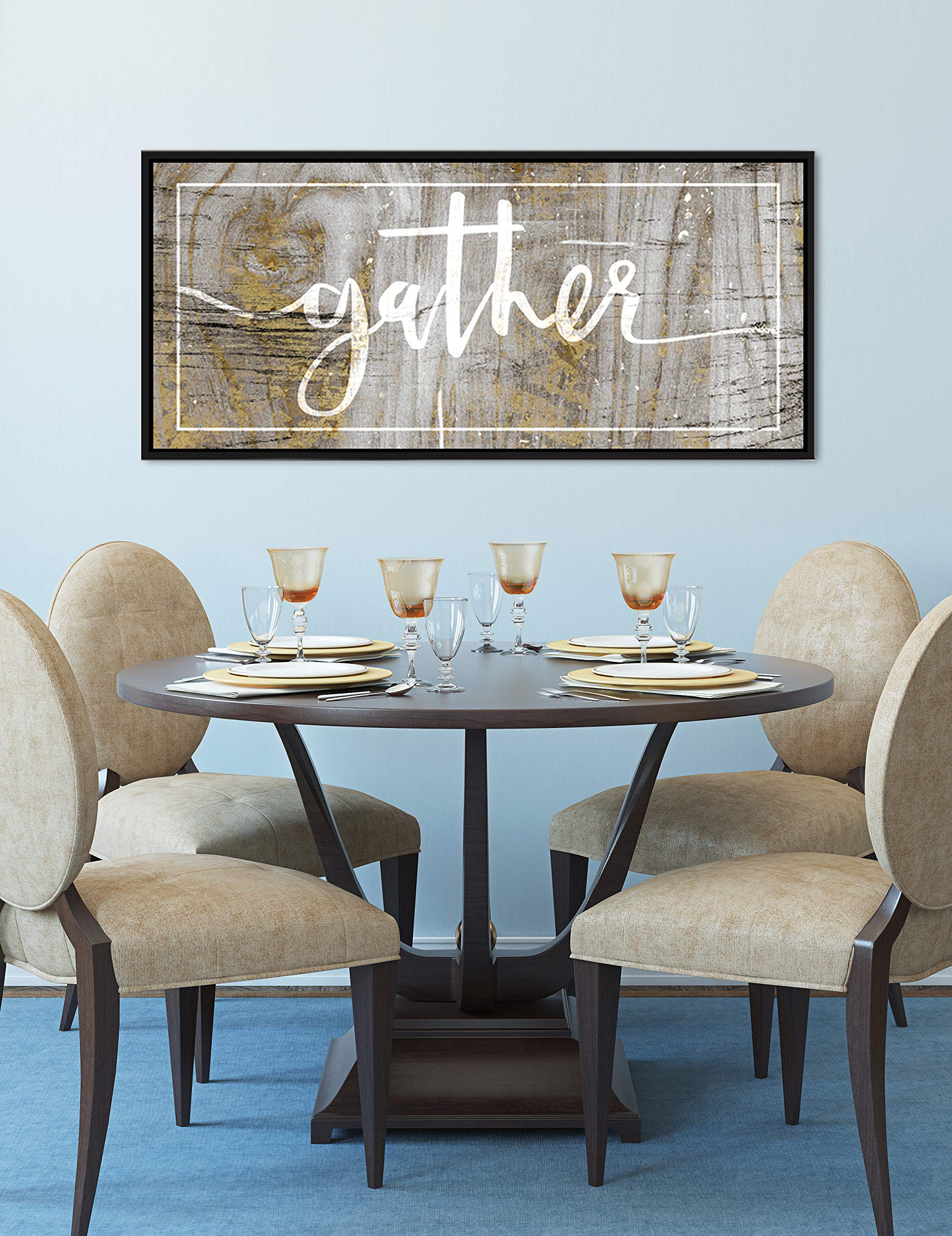 Farmhouse Style 'Gather' Pantry Sign - Gold Yellow & Black Floating Frame Wall Art (60x27) - Rustic Kitchen Decor, Dining Room & Living Room Pictures - Perfect for Home, Farmhouse, and Country Style Decorations