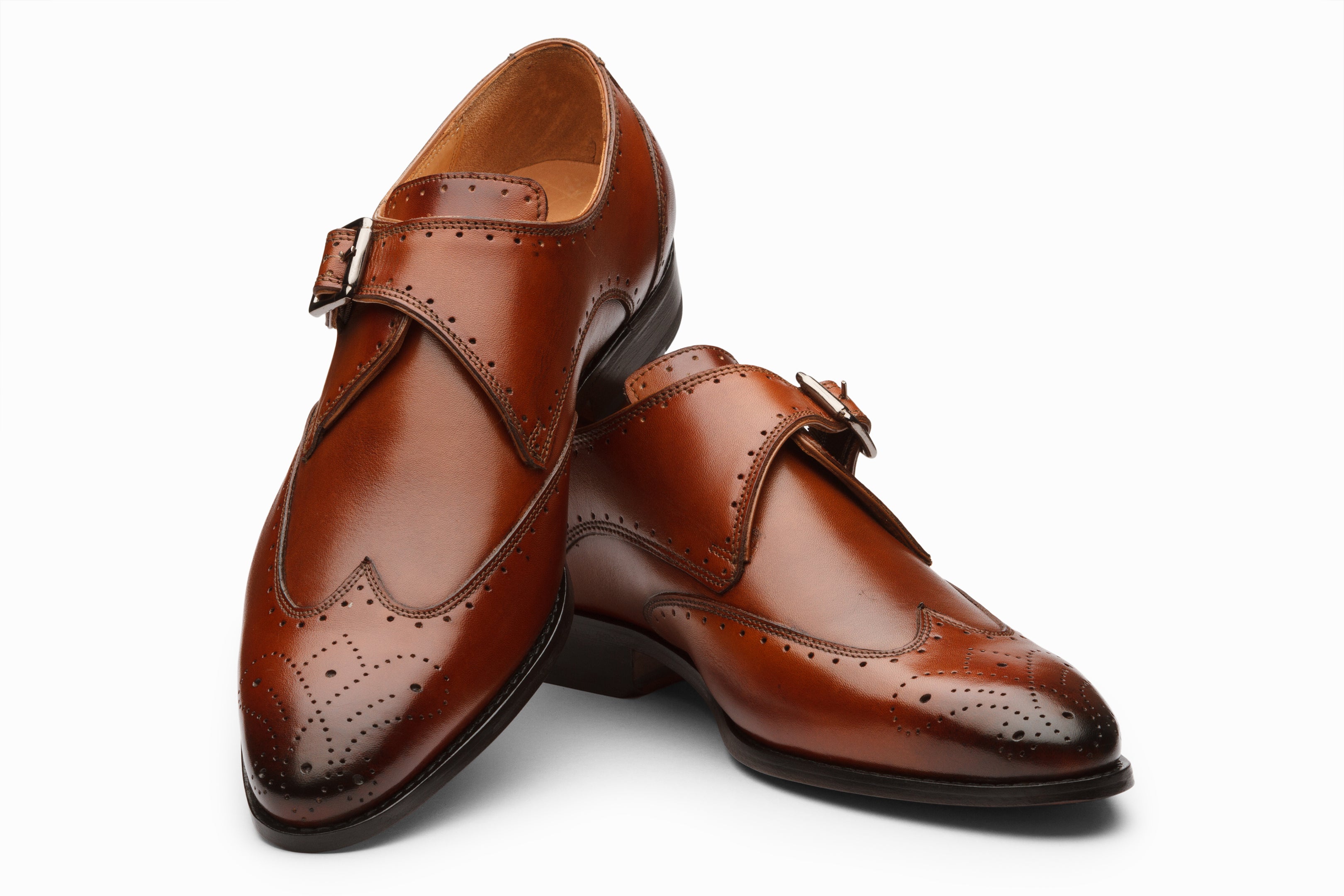 Premium Dark Cognac Brogue Monkstrap Dress Shoes for Men - Classic Formal & Business Attire