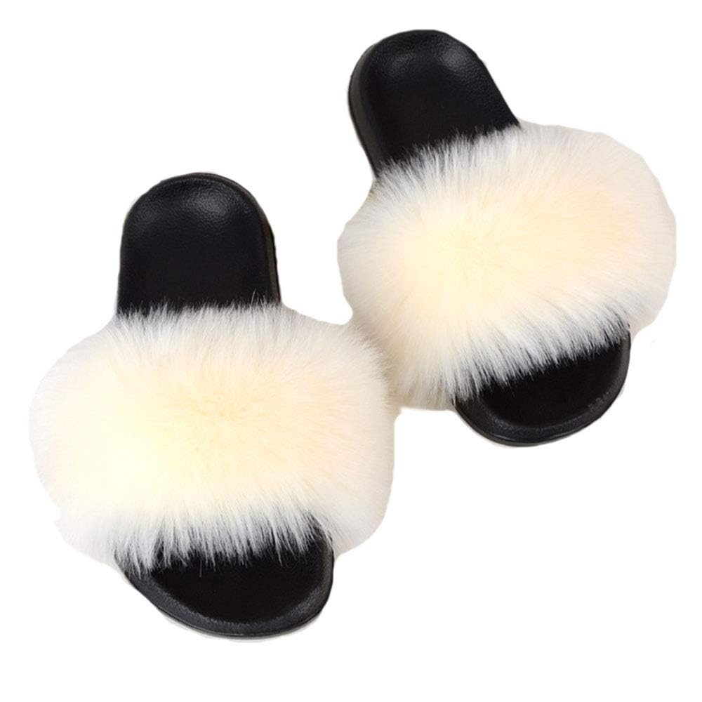 QINGCOMFACAI Women's Fuzzy Fur Slides - Soft Faux Fur Slippers Sandals for Indoor & Outdoor Use - Open Toe Fluffy House Shoes for Women - Perfect for Lounging, Spa Days, and Cozy Home Wear
