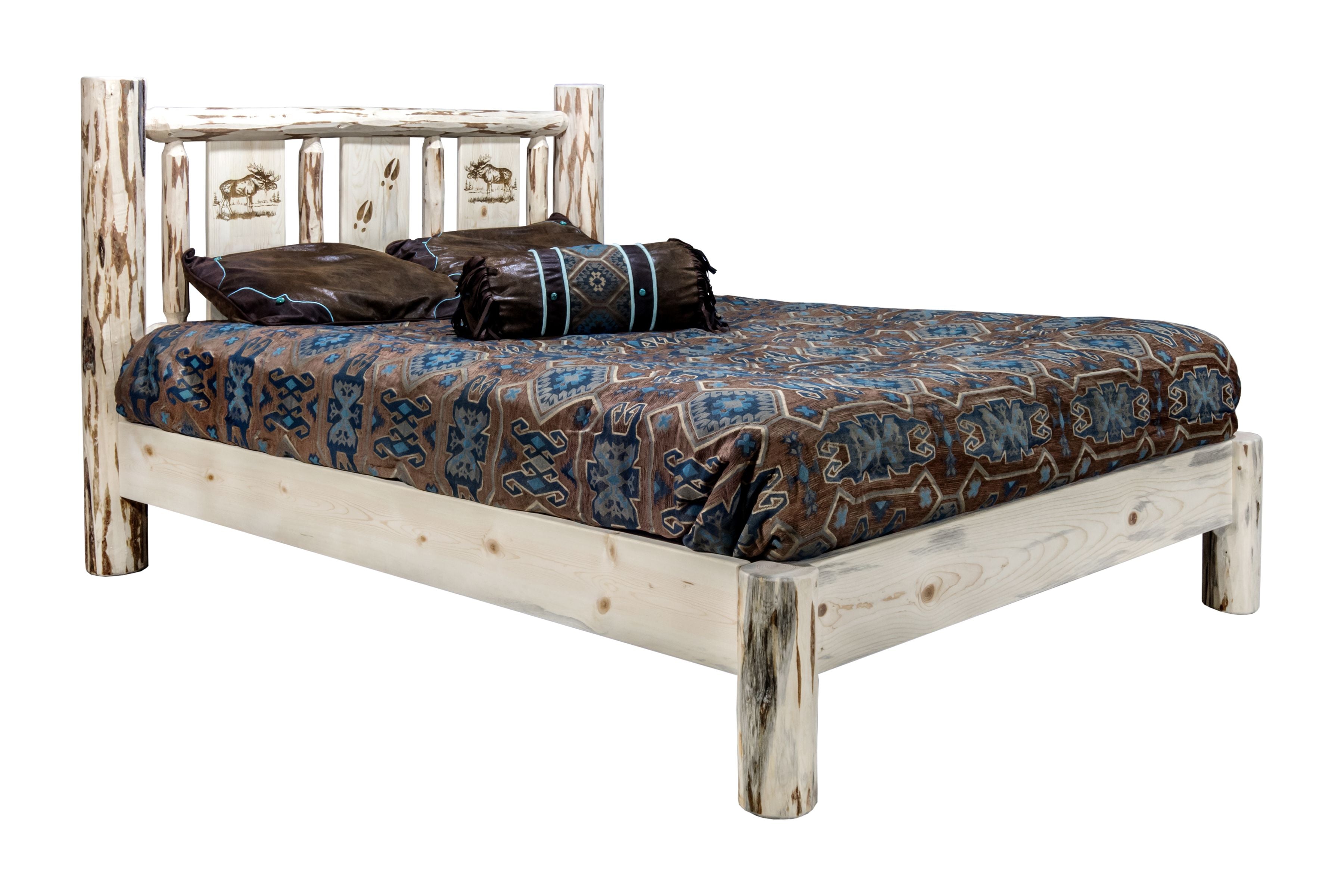Montana Platform Bed with Laser Engraved Design - Solid Wood Frame & Clear Lacquer Finish - Modern Minimalist Bedroom Furniture for Small Spaces & Loft Apartments