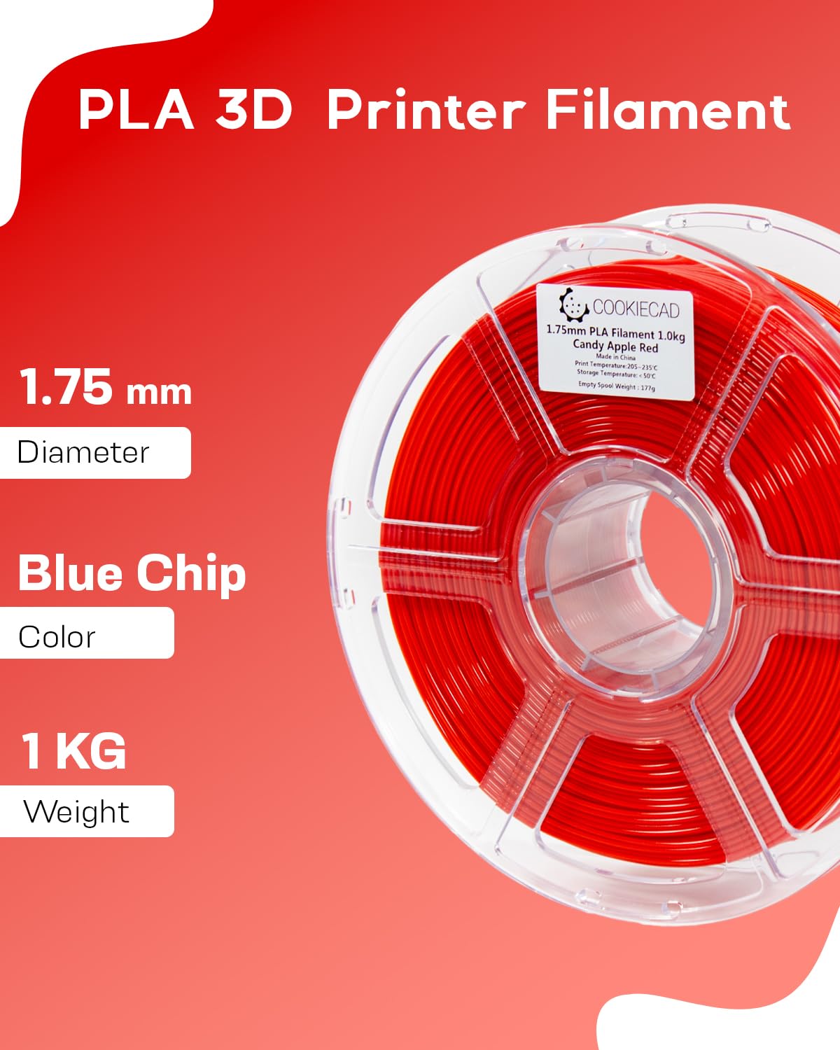 Premium 1.75mm PLA Filament 1kg - Candy Apple Red 3D Printer Filament for Smooth Printing | Ideal for DIY Projects, Cosplay Props & Home Decor Creations