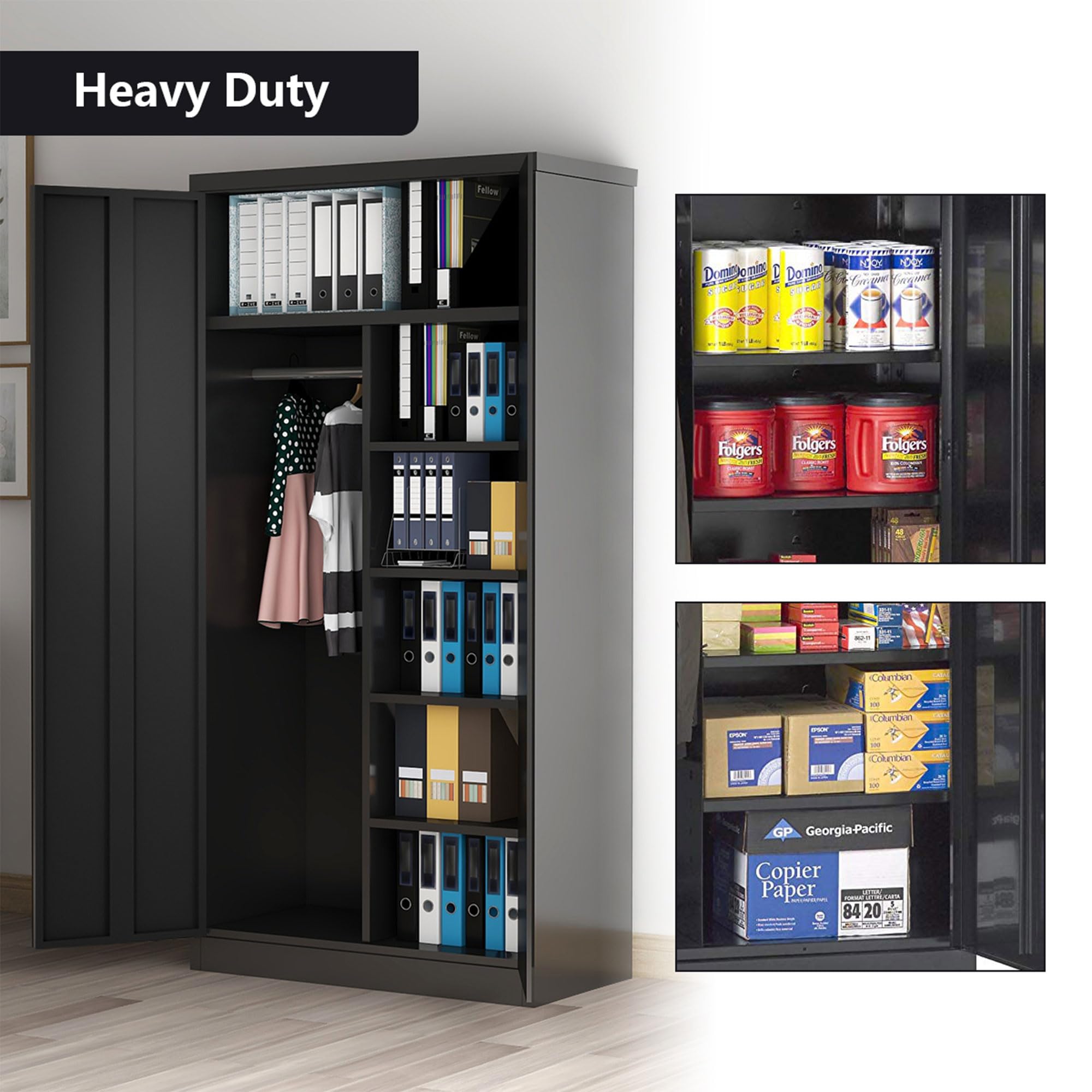 Aobabo Large Metal Wardrobe Storage Cabinet with 3 Adjustable Shelves, Hanging Rod & Lockable Doors - Perfect for Bedroom Closet, Garage Organization & Entryway Storage (Black)