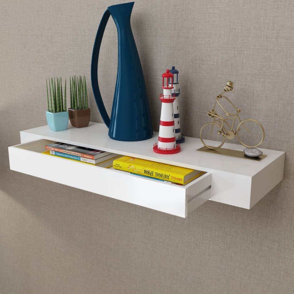 ZQQLVOO White MDF Floating Wall Display Shelf with 1 Drawer - Book & DVD Storage Organizer for Bedroom, Living Room, Office - Space Saving Home Decor Solution