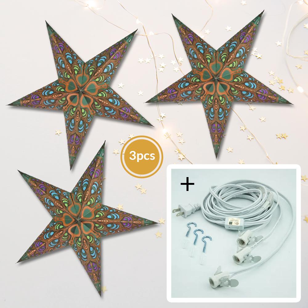 3 Pack Gold Peacock 24 Inch LED Illuminated Paper Star Lanterns - Hanging Decorative Lights with Bulbs & Cord for Indoor/Outdoor Parties, Weddings, and Home Decor