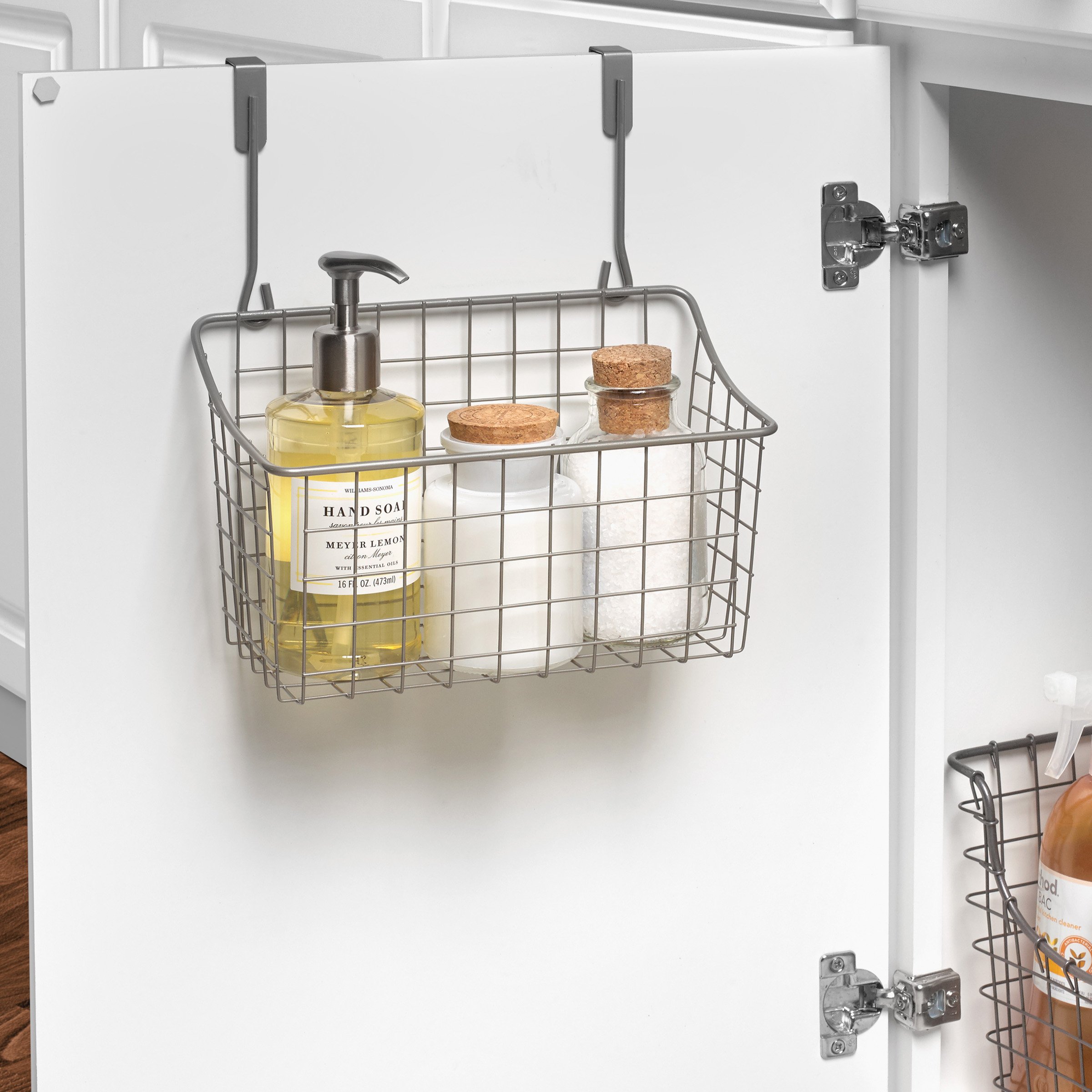 Industrial Gray Small Spectrum Hanging Baskets - Over Cabinet Wire Storage Organizer for Kitchen & Bathroom - Perfect for Cleaning Supplies, Washcloths & Towels | Space-Saving Solution for Home Organization & Clutter Control