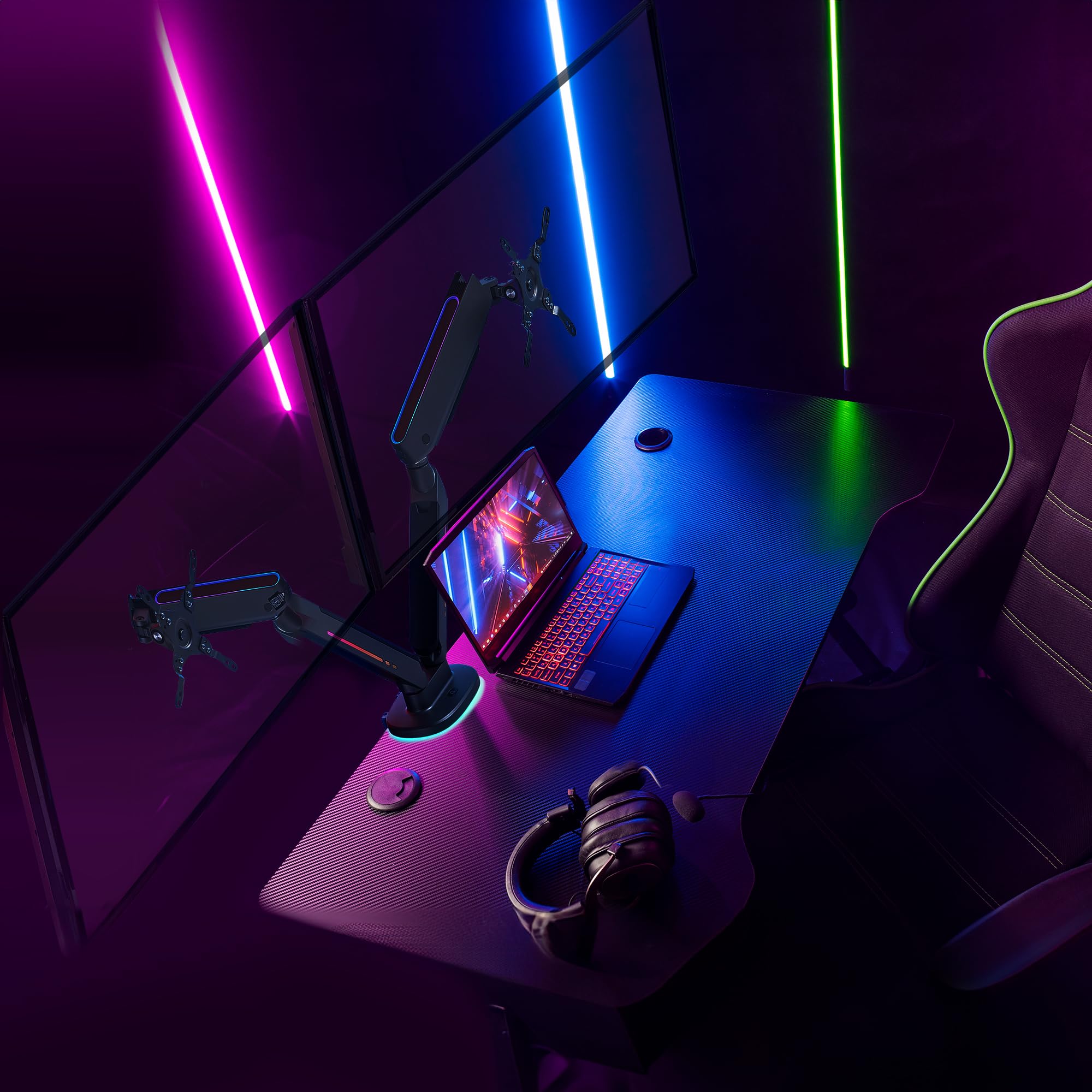 AVLT Dual 27”-43” RGB Gaming Monitor Arm Desk Mount with 20 Lighting Modes & Touch Control - Adjustable Stand for Flat/Curved/Ultrawide Screens - Height, Swivel & Tilt Rotation - Black | Perfect for Gaming Setup & Home Office Workstation
