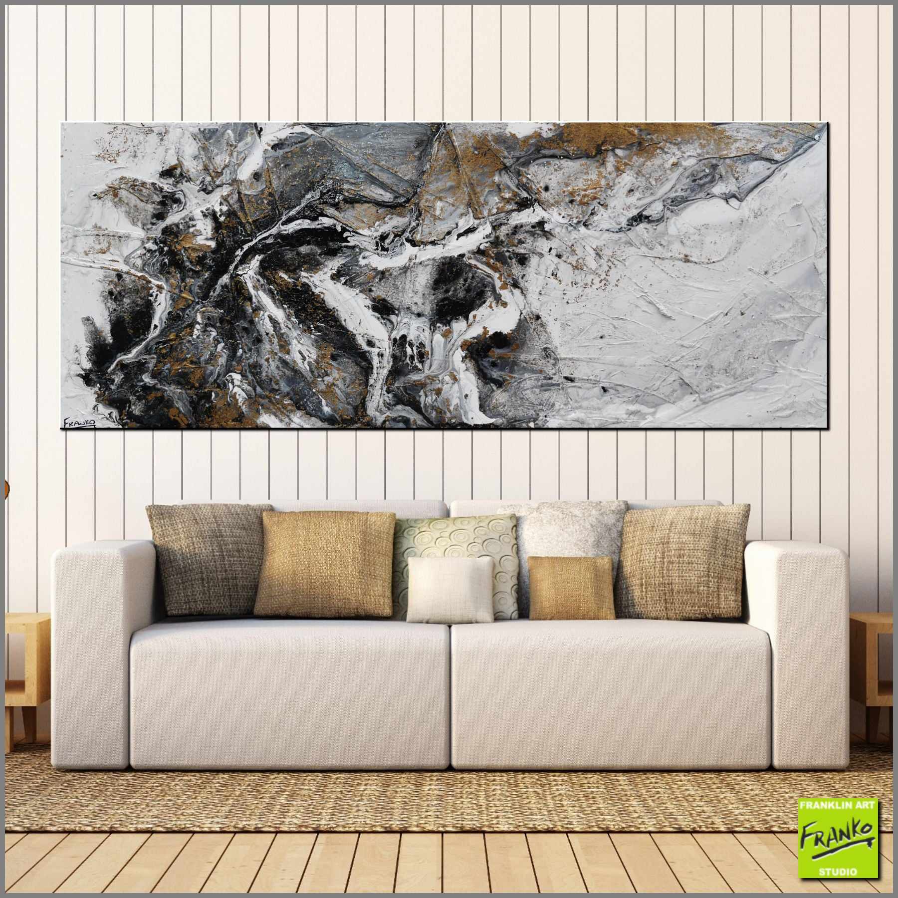 Fluid Rush 200cm x 80cm Abstract Textured Painting - Black Gold White Grey Modern Wall Art for Living Room, Bedroom & Office Decor