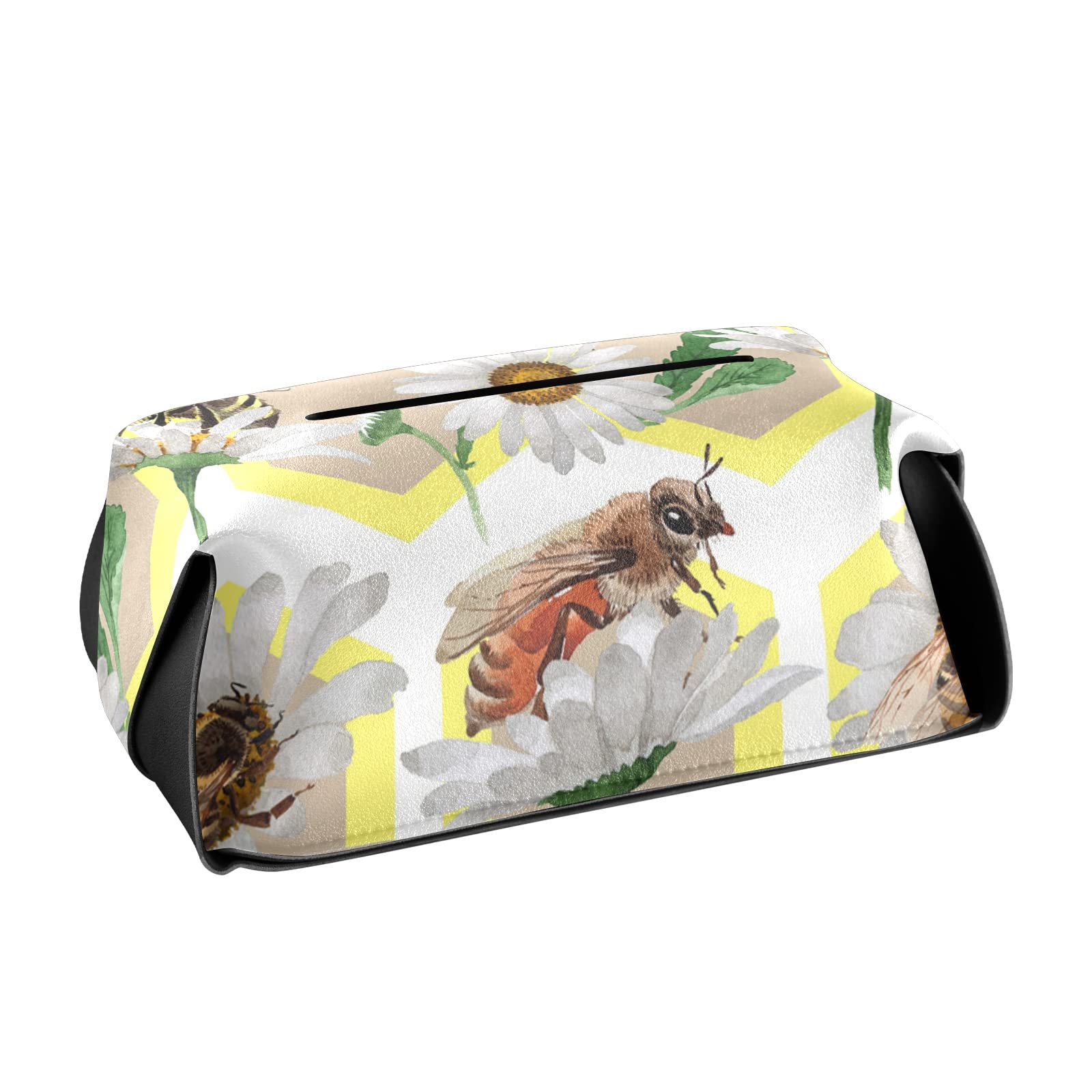 Poeticcity Honey Bee on White Daisy Flowers Hexagon Leather Tissue Box Cover - Decorative Tissue Holder for Bathroom, Office, Nightstand & Vanity (5.7x5.7x5.7 in) - Perfect for Farmhouse Decor, Spring Home Accents & Gift Ideas