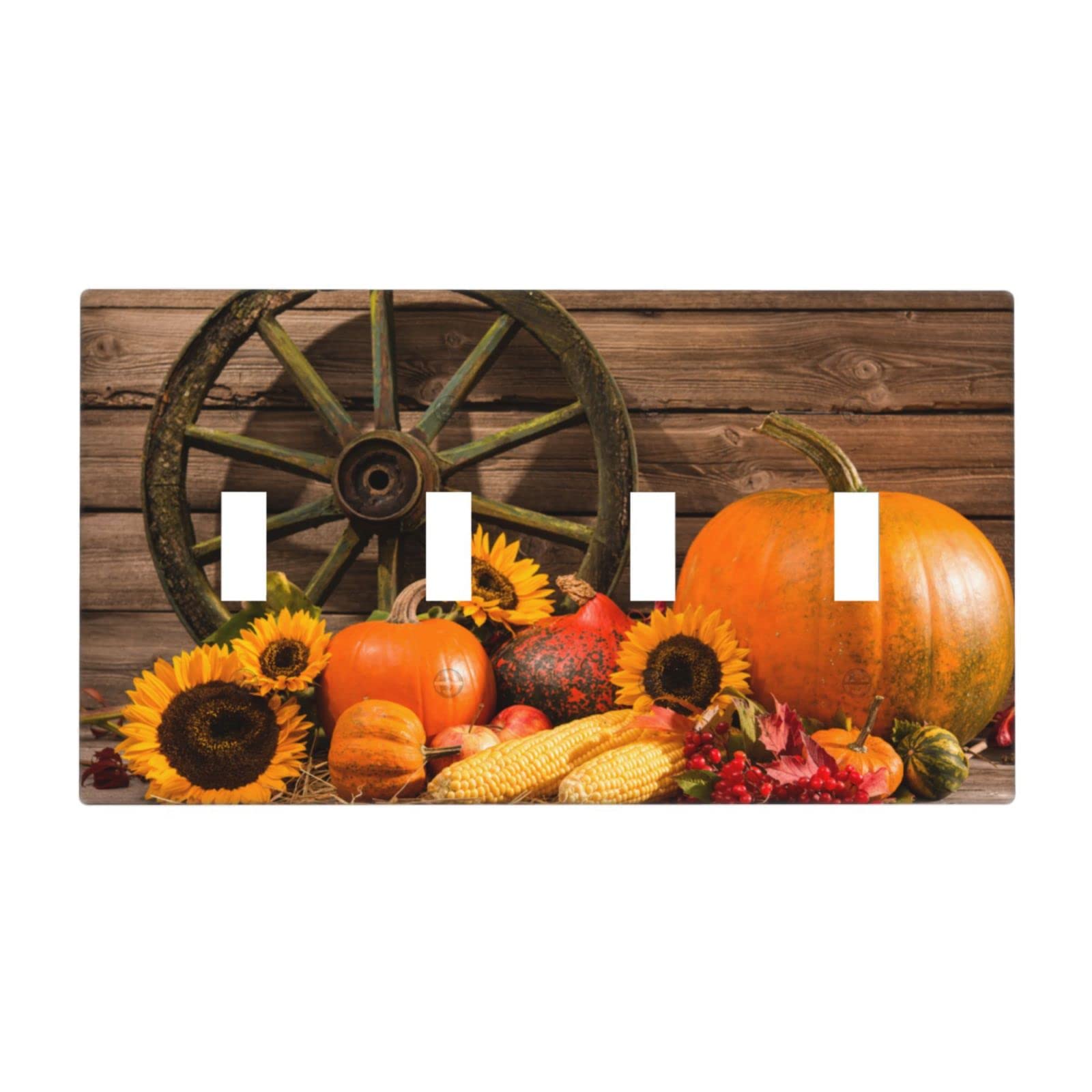 Vintage Wooden Light Switch Plate Cover - Autumn Thanksgiving Themed Quad Toggle Wall Plate - Rustic Farmhouse Decor for Living Room, Bedroom, and Kitchen - Abstract Wall Art Outlet Cover
